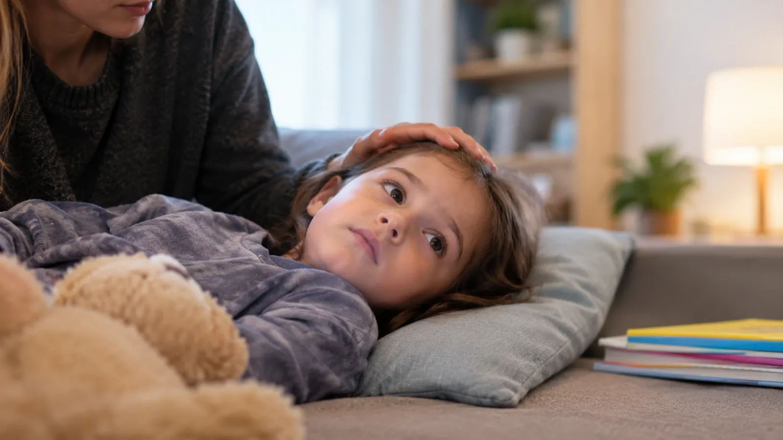 Child resting on a sofa while a parent gently strokes her head