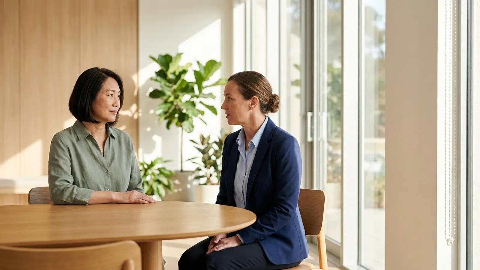A thoughtful woman discussing personalized abdominal oncology treatment options with a specialist in a bright modern consultation room.