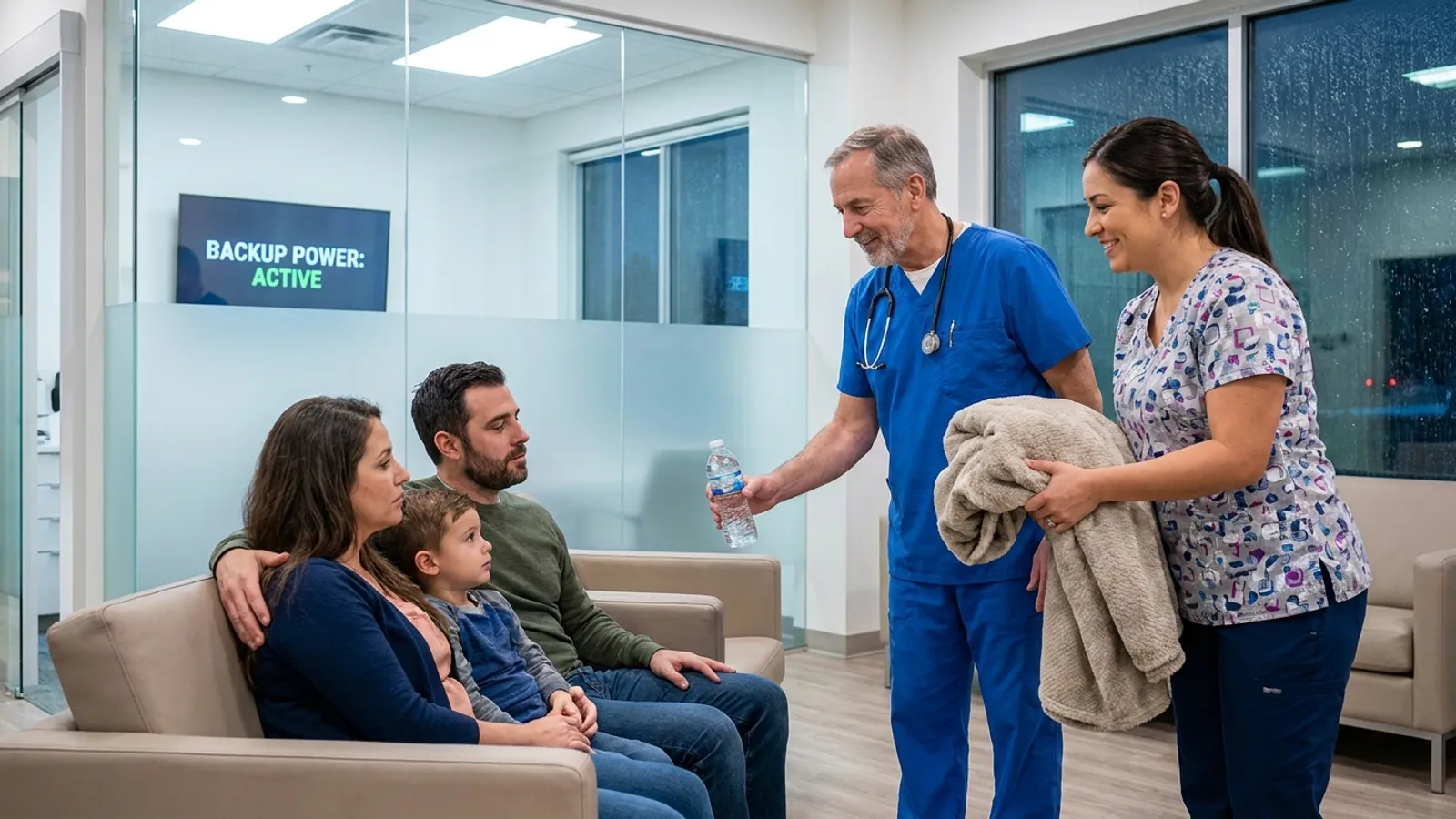 A compassionate doctor and nurse caring for a relieved family with fresh water and warm blankets inside a modern, fully powered hospital reception following a storm.