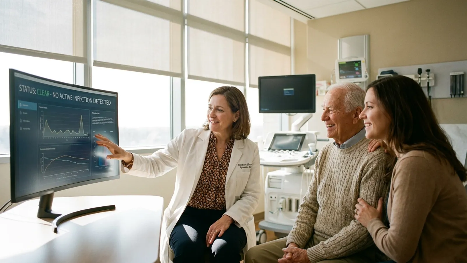 A doctor warmly explains diagnostic results on an advanced digital screen to an elderly patient and their family in a modern hospital suite.