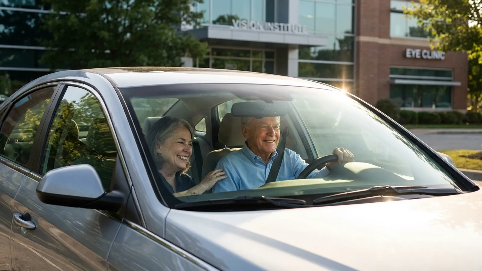A cheerful senior driver smiling behind the steering wheel of his car on a sunny day after successful cataract surgery.