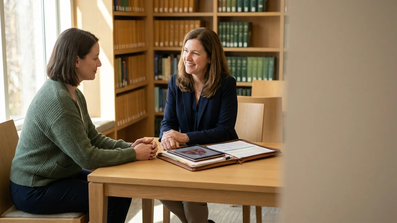 A composed woman in her forties discusses her medical records with a specialist during a second opinion consultation in a modern, serene office.
