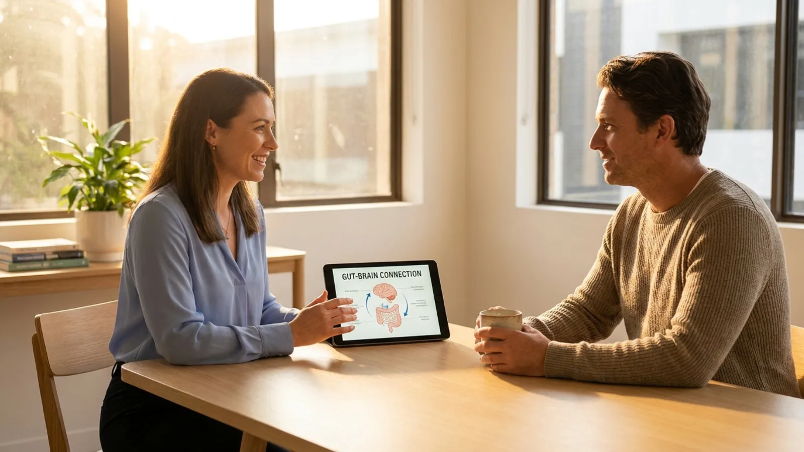 A clinical nutritionist in a modern healthcare suite discussing gut and brain health with a relaxed patient over coffee.