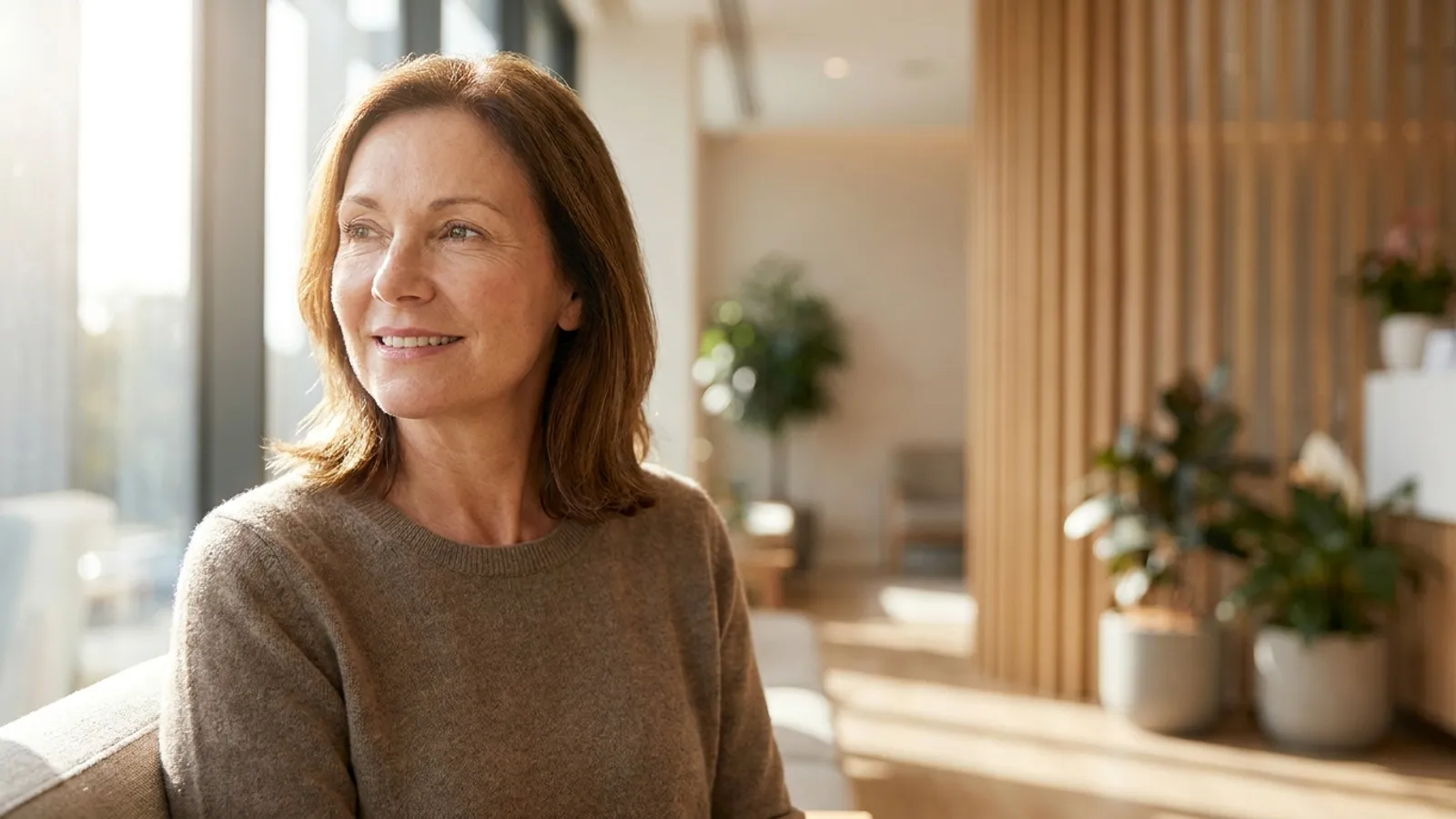 A relaxed and healthy middle-aged woman smiling confidently in a bright, modern clinic lobby after her comprehensive check-up.