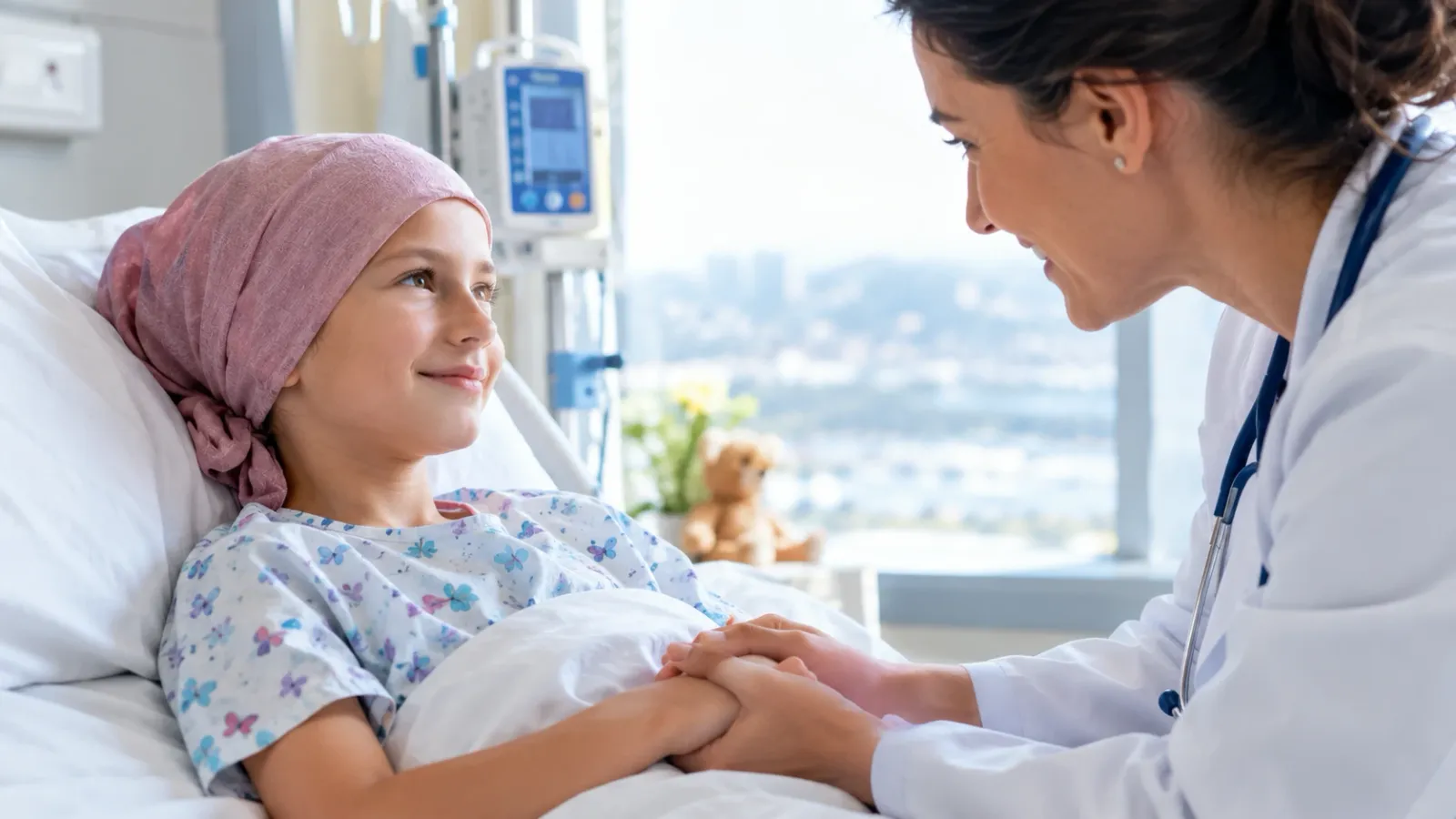Smiling child in headscarf in a hospital bed holding hands with a doctor