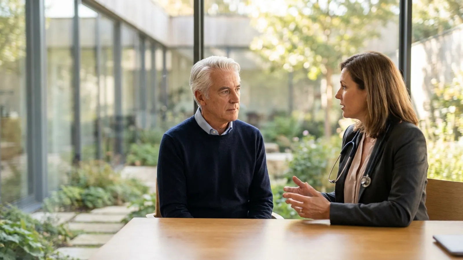 Un patient senior serein échangeant avec une médecin spécialiste dans un bureau de consultation moderne et lumineux pour choisir son parcours de soins.