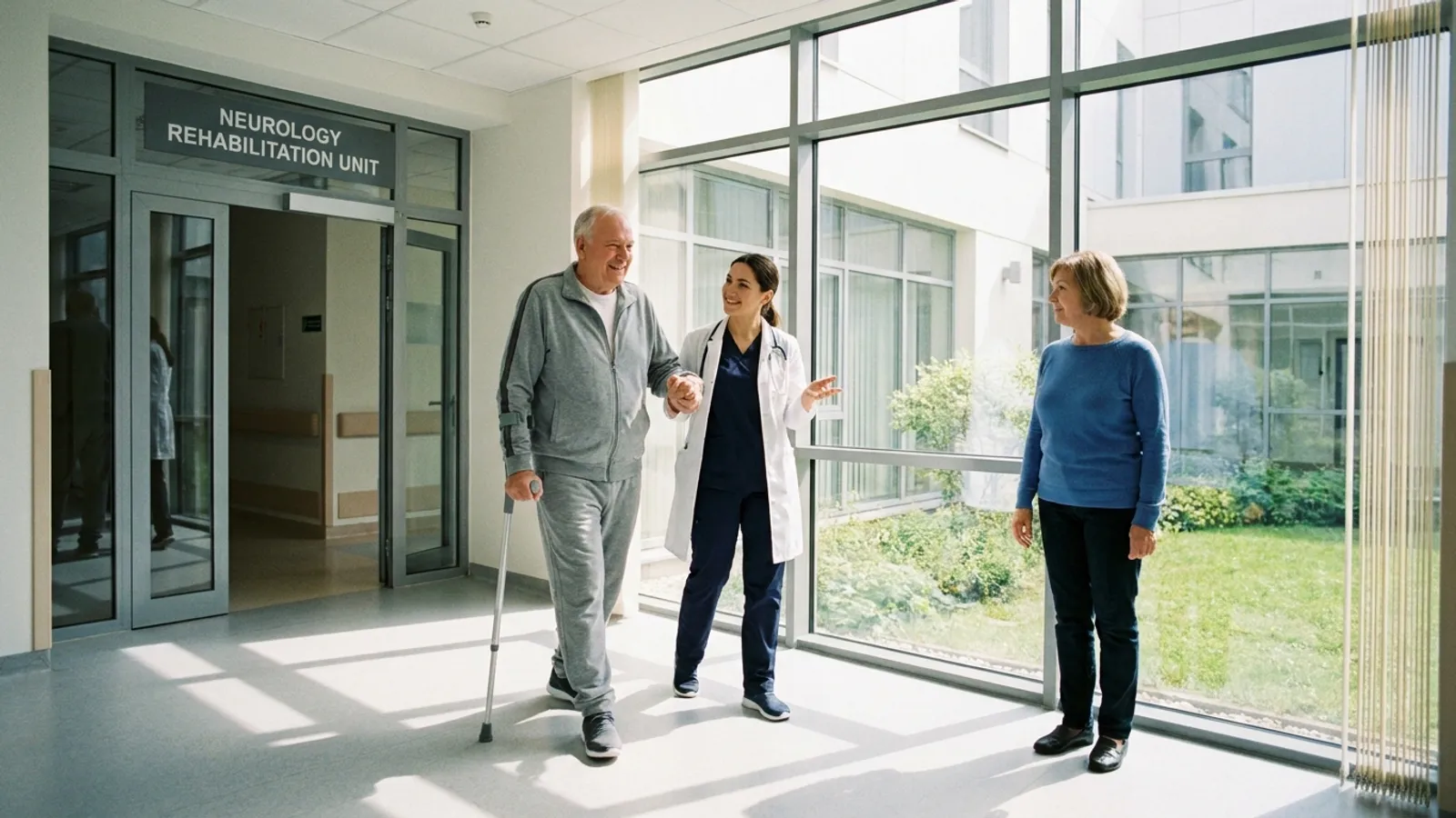 A recovering patient walking down a bright, modern hospital corridor supported by a healthcare specialist and his smiling partner.