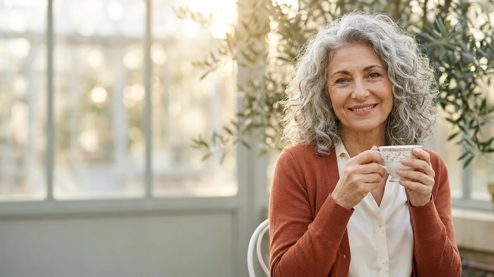 A composed 65-year-old woman holding a teacup with steady hands in a sunlit conservatory, illustrating restored motor function and daily confidence after Parkinson's therapies.