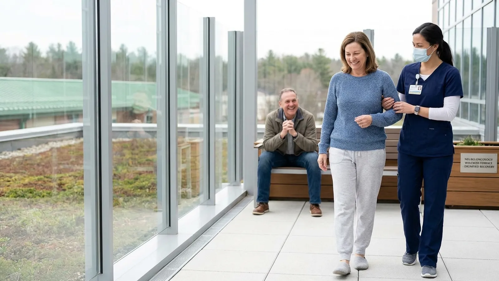 A recovering brain tumor surgery patient walking comfortably on a bright hospital terrace with their therapist and spouse.