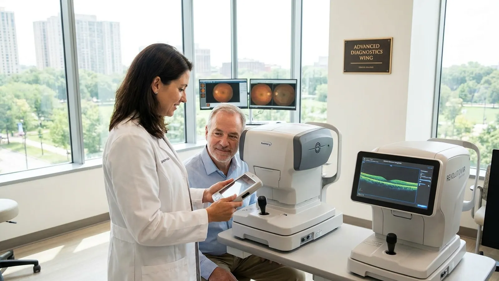 An ophthalmologist gently examining a patient's eye using advanced digital equipment in a modern clinic.