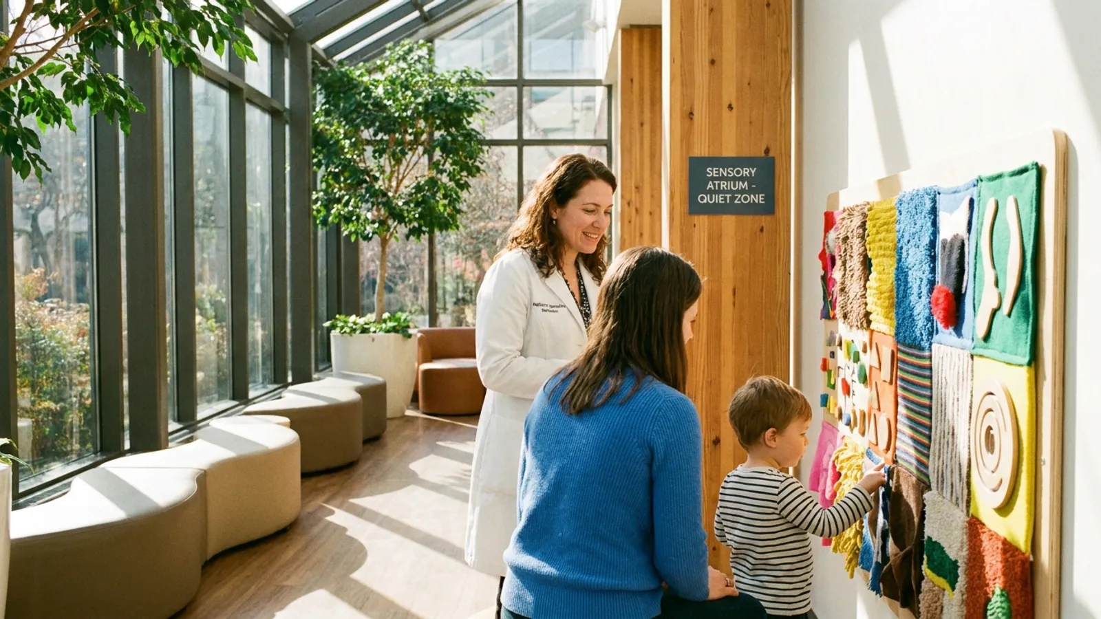 Une spécialiste pédiatrique bienveillante et une mère accompagnent un jeune enfant dans l'atrium lumineux d'une clinique moderne lors d'une thérapie pour l'autisme.