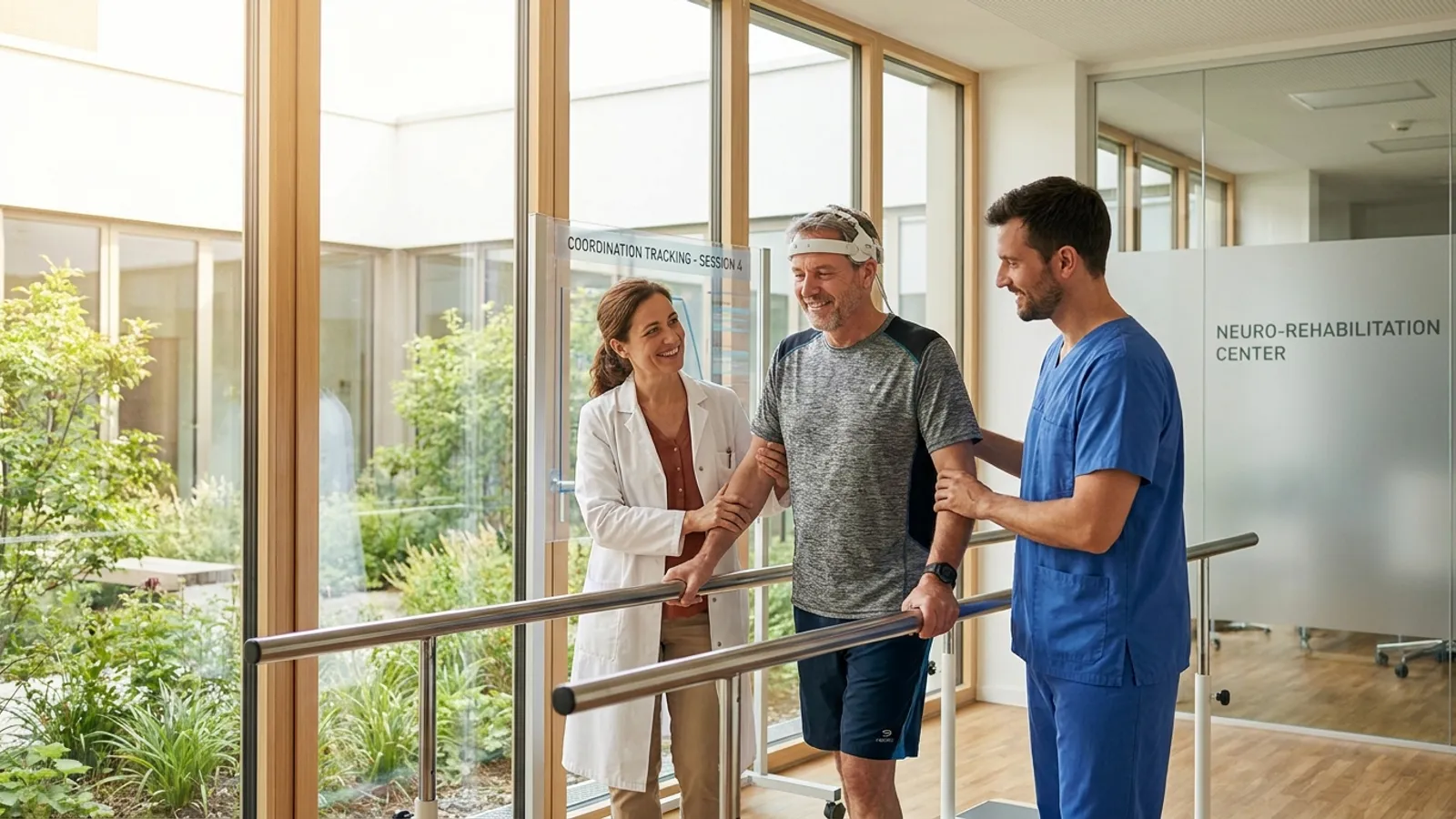 A smiling patient working with a caring neurologist and therapist in a bright, state-of-the-art neurology rehabilitation suite.