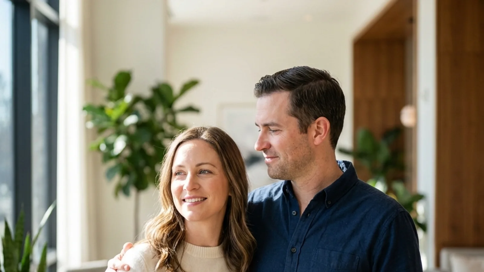 A couple stands together in a bright, calm living space, looking ahead toward the window.