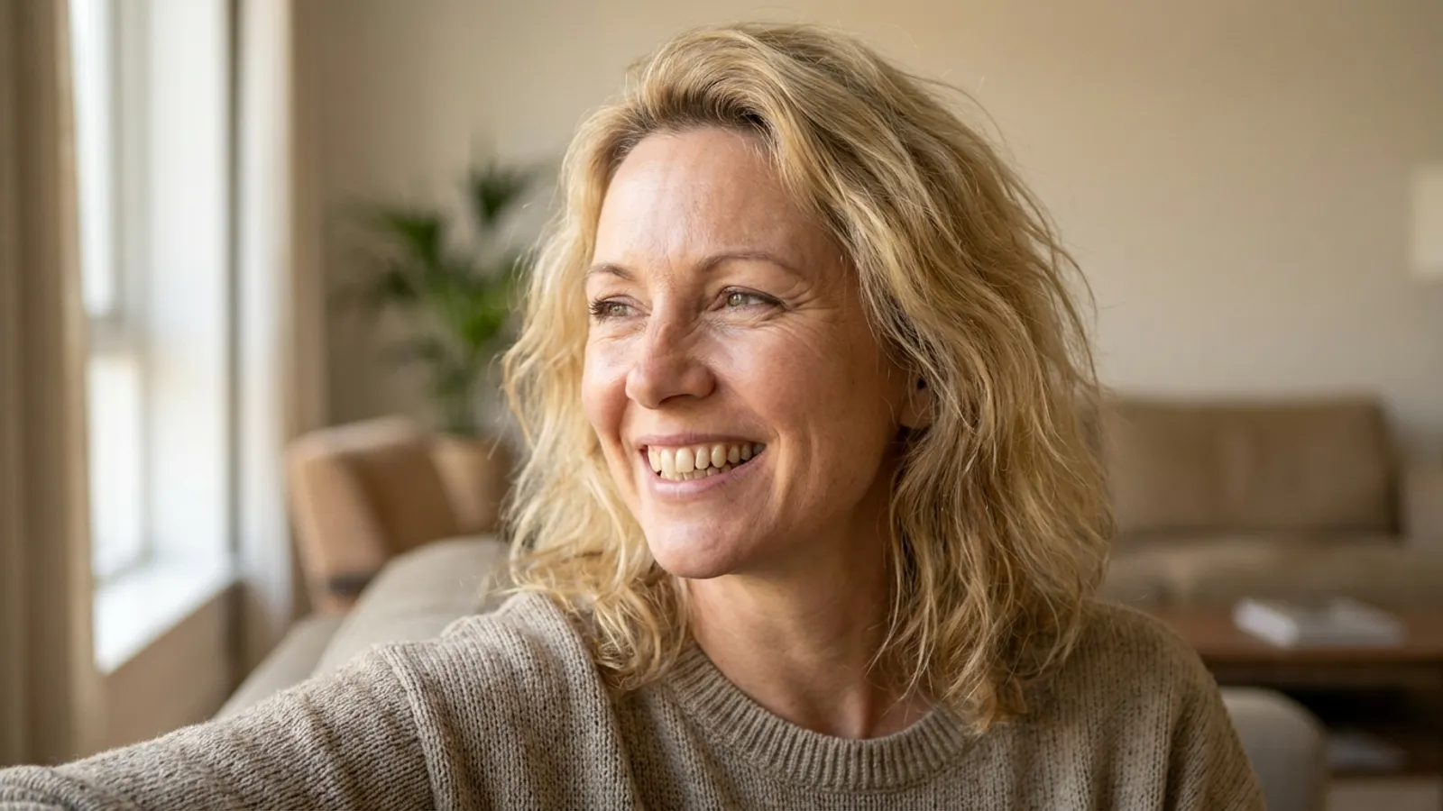 A middle-aged woman smiling warmly and confidently, showcasing her natural-looking, healthy teeth in soft, natural light.