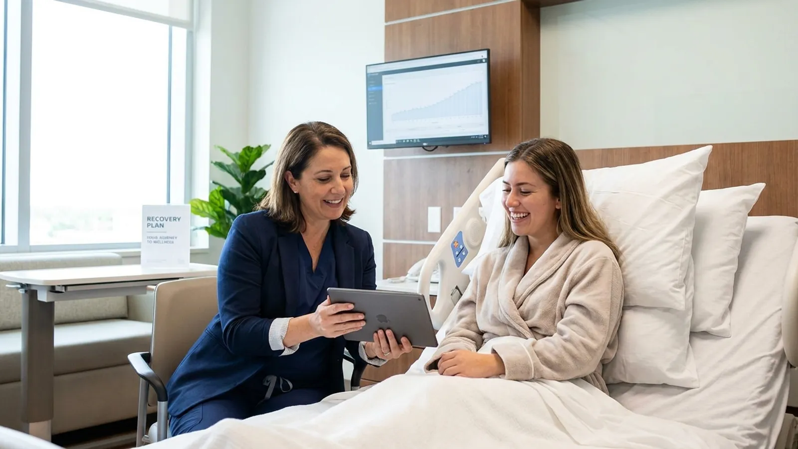 A compassionate female specialist speaking with a relieved patient in a sunlit modern private hospital recovery suite.