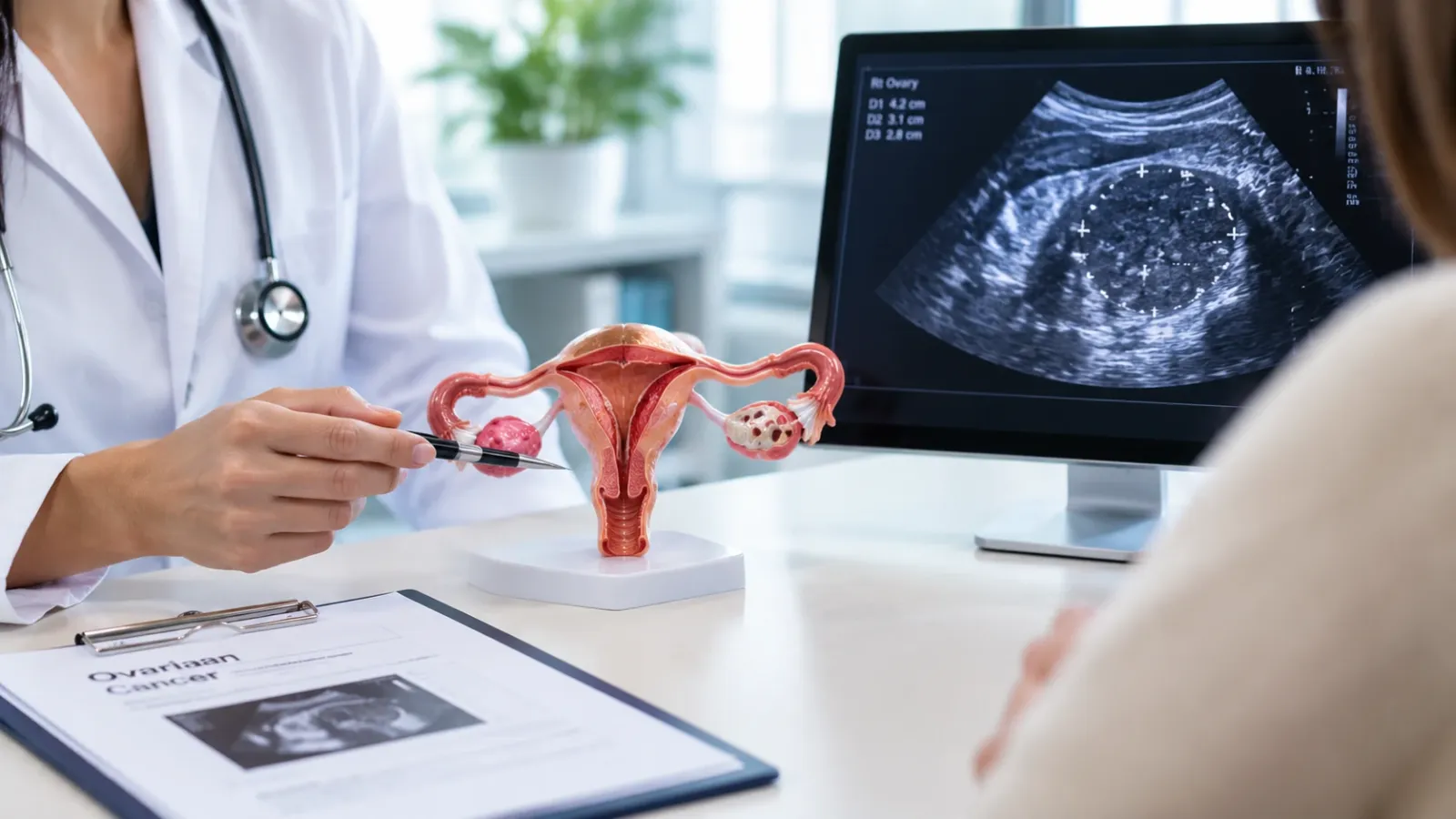 Gynecologist explaining an ovary model next to an ultrasound image