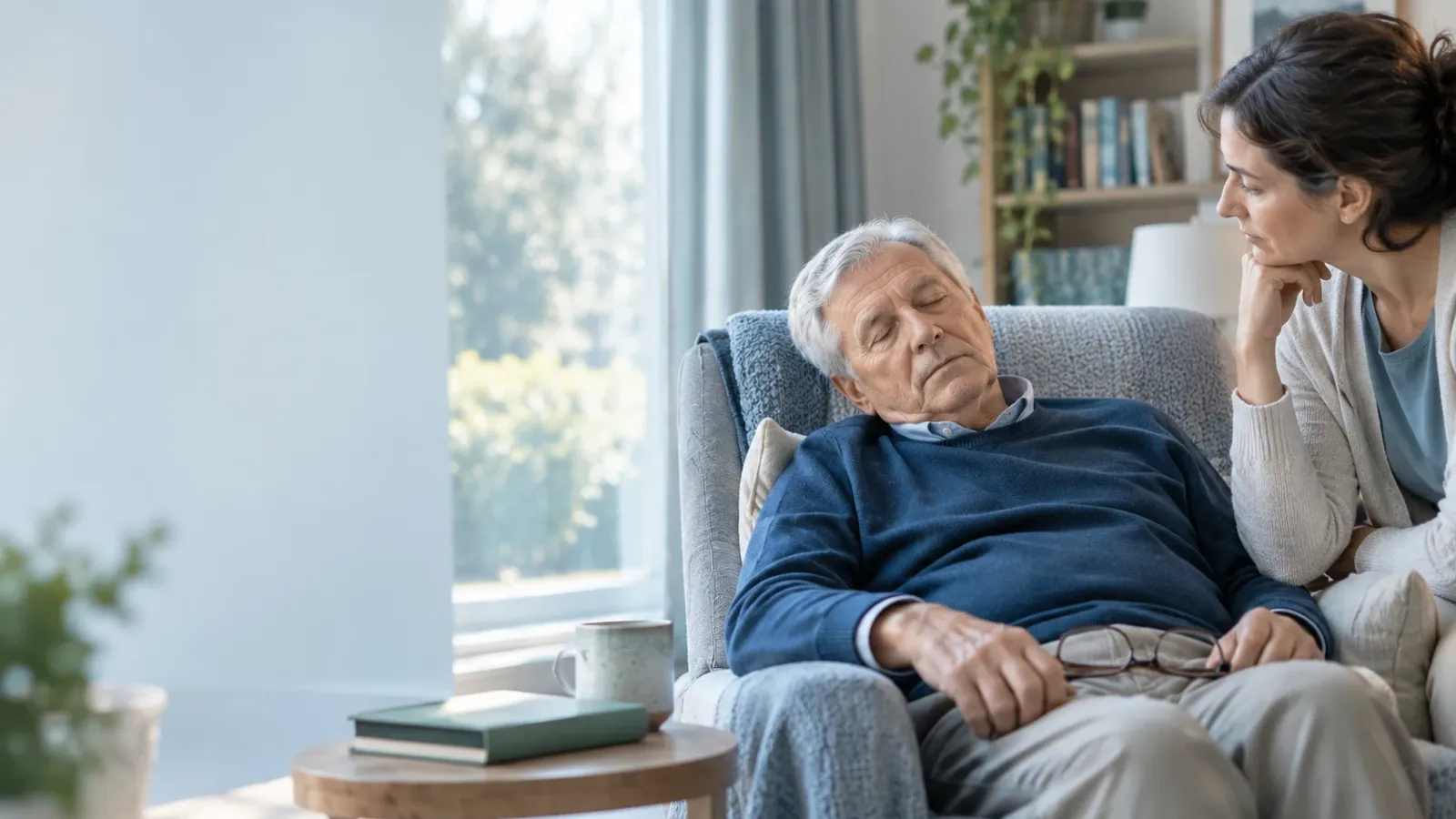 Une patiente senior échange avec une neurologue bienveillante dans un salon médical lumineux au sujet du sommeil et de la santé cérébrale.