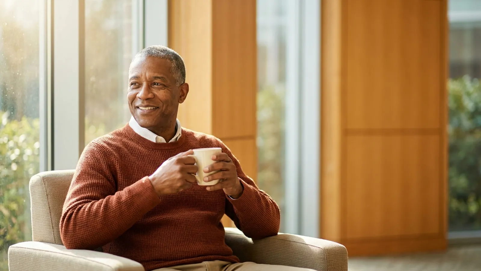 A smiling, confident 54-year-old man sitting comfortably in a bright modern clinic lounge after successful non-invasive treatment.