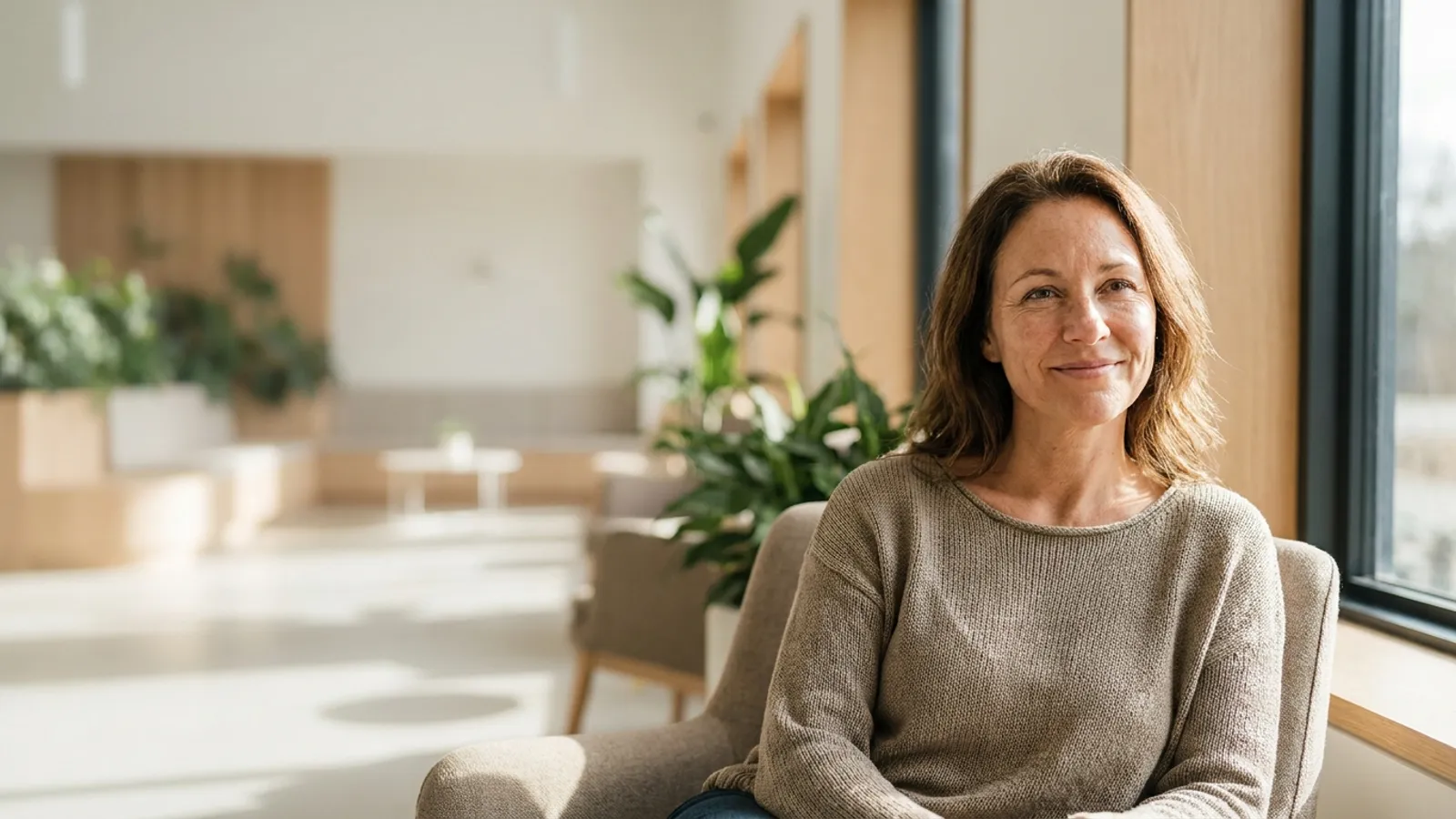 A smiling woman in her 40s sits in a sunlit, modern recovery room, looking hopeful and relaxed after a successful medical treatment.