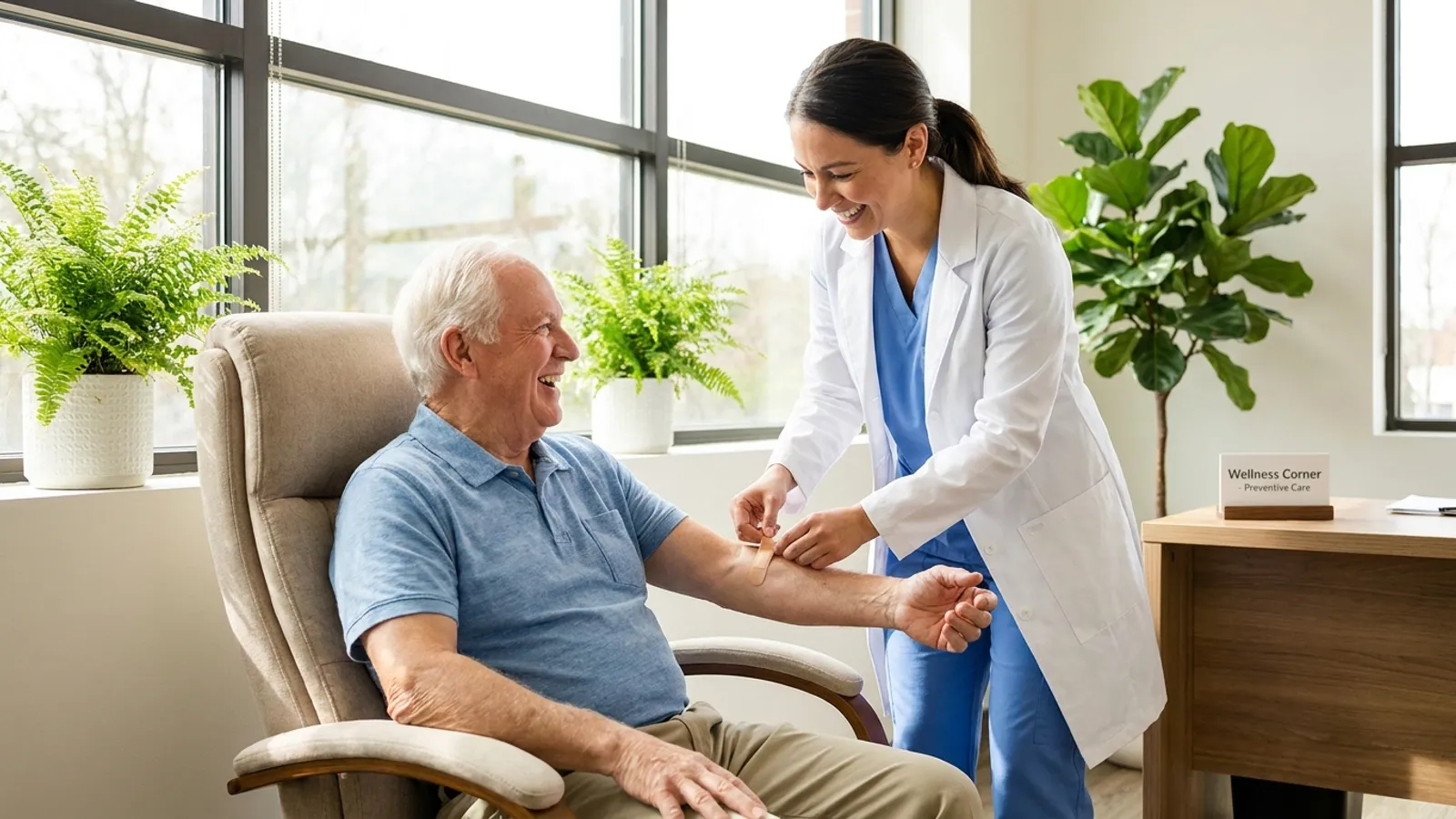 Professionnelle de santé appliquant un pansement sur le bras d'un patient souriant après une vaccination dans un cabinet médical moderne et lumineux.
