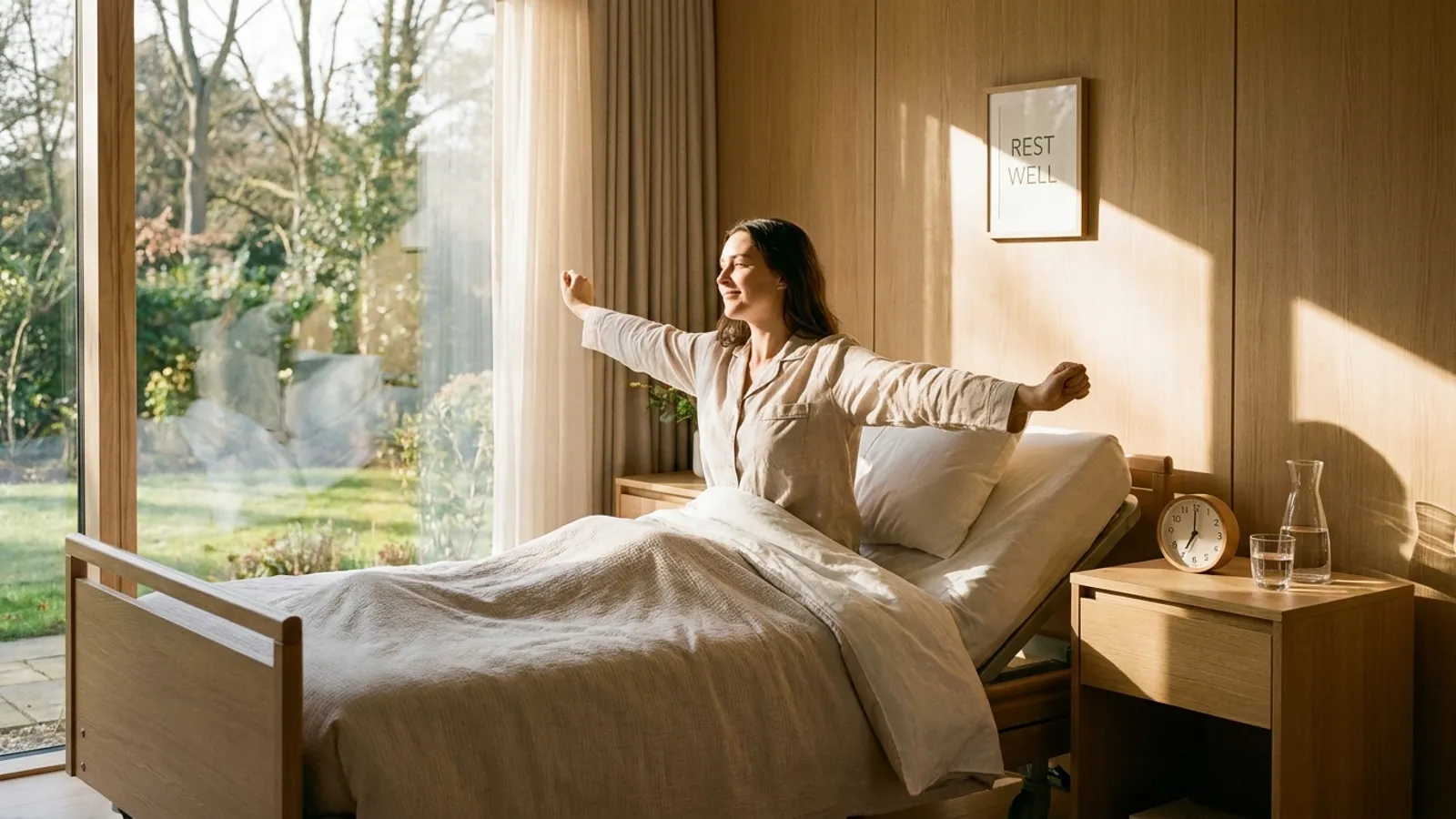 A woman waking up refreshed in a bright, modern recovery suite with natural morning sunlight.