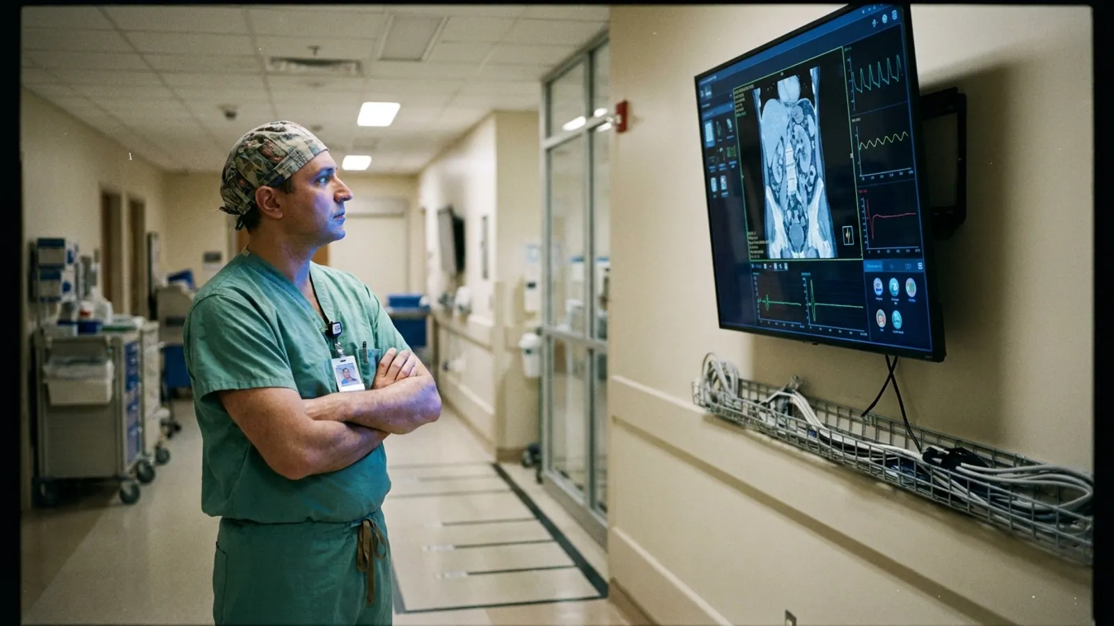 A surgeon in green scrubs and a scrub cap standing with folded arms in a hospital corridor, reviewing a 3D abdominal CT scan on a wall-mounted display.