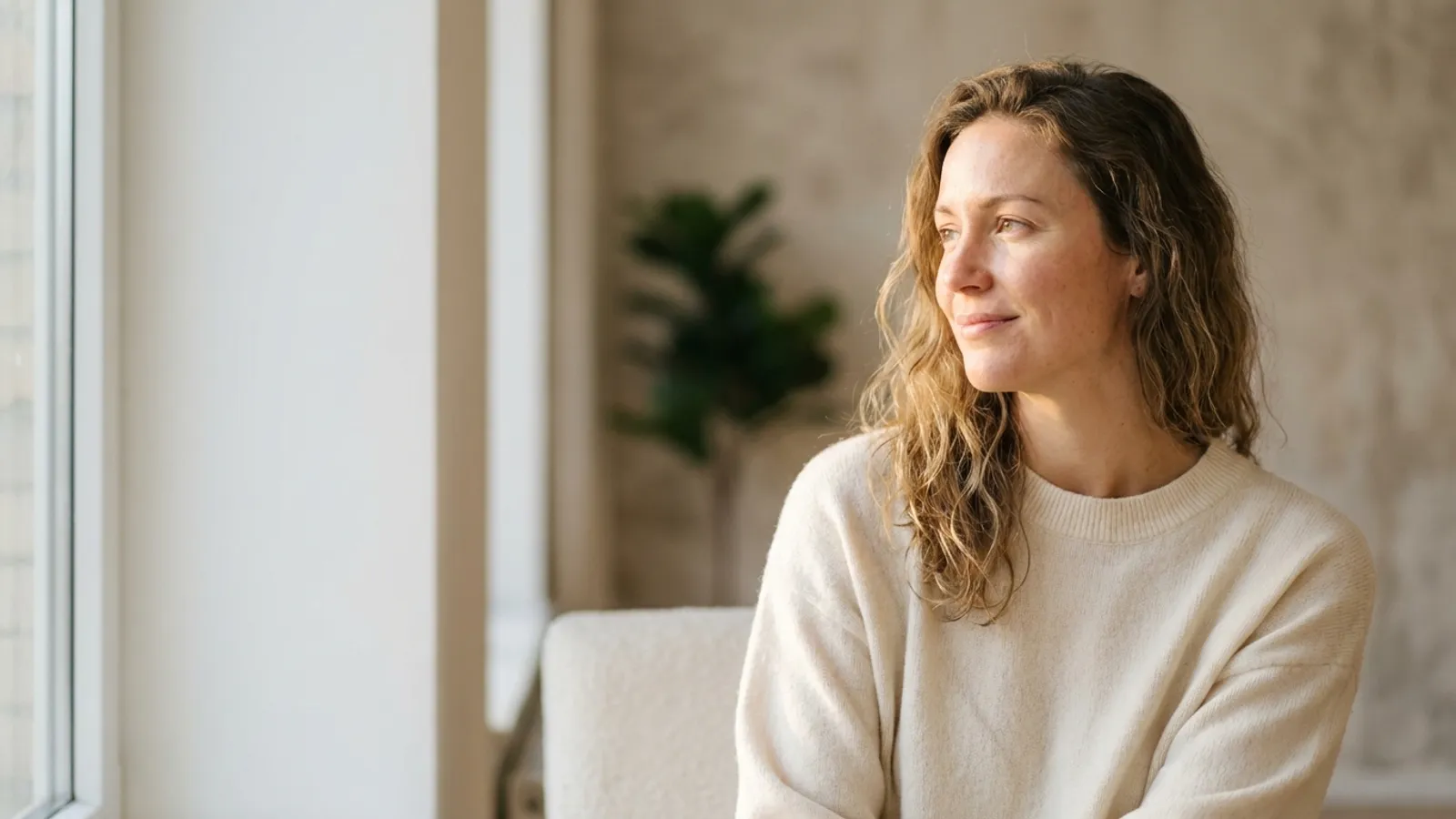 A confident and smiling woman in her early thirties wearing a soft pastel sweater, looking hopeful in a brightly lit, modern room, symbolizing post-operative renewal and self-assurance.