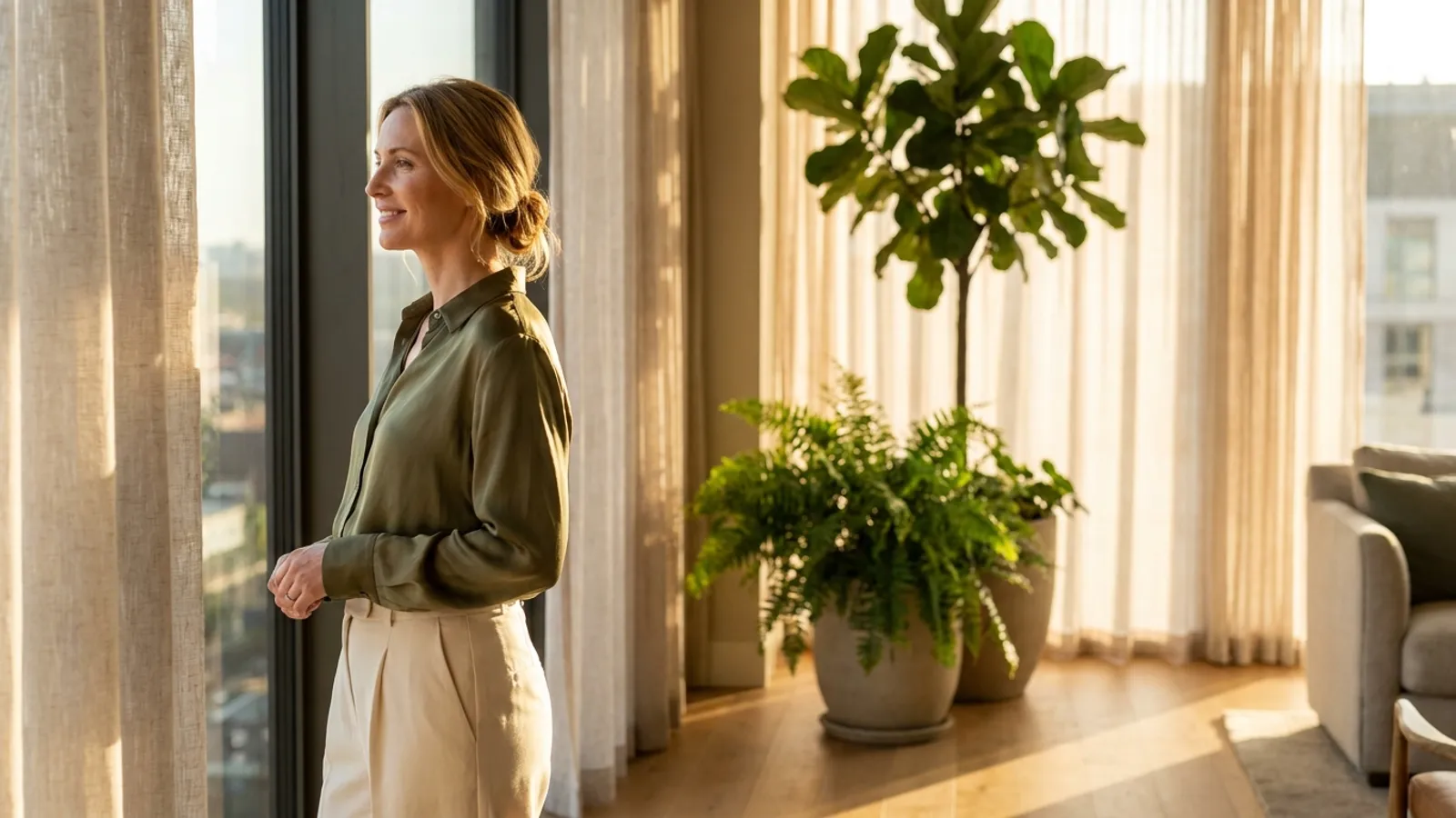 A confident British woman in an olive-green silk blouse standing near a bright window in a modern clinic lounge, reflecting post-abdominoplasty body confidence.