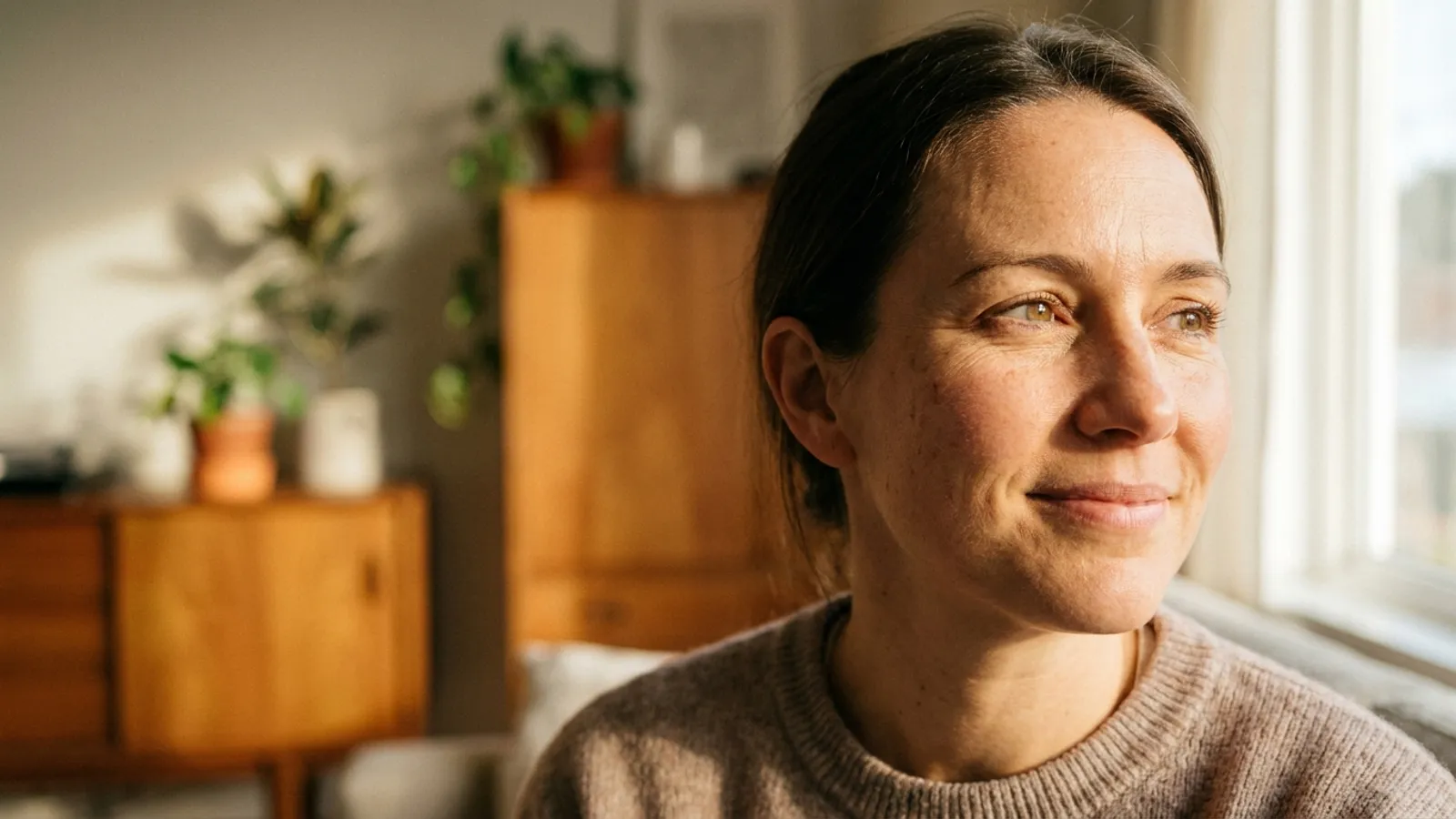 Una mujer con expresión esperanzadora y relajada mira hacia la luz natural de una ventana, transmitiendo confianza y serenidad ante su decisión de fertilidad.