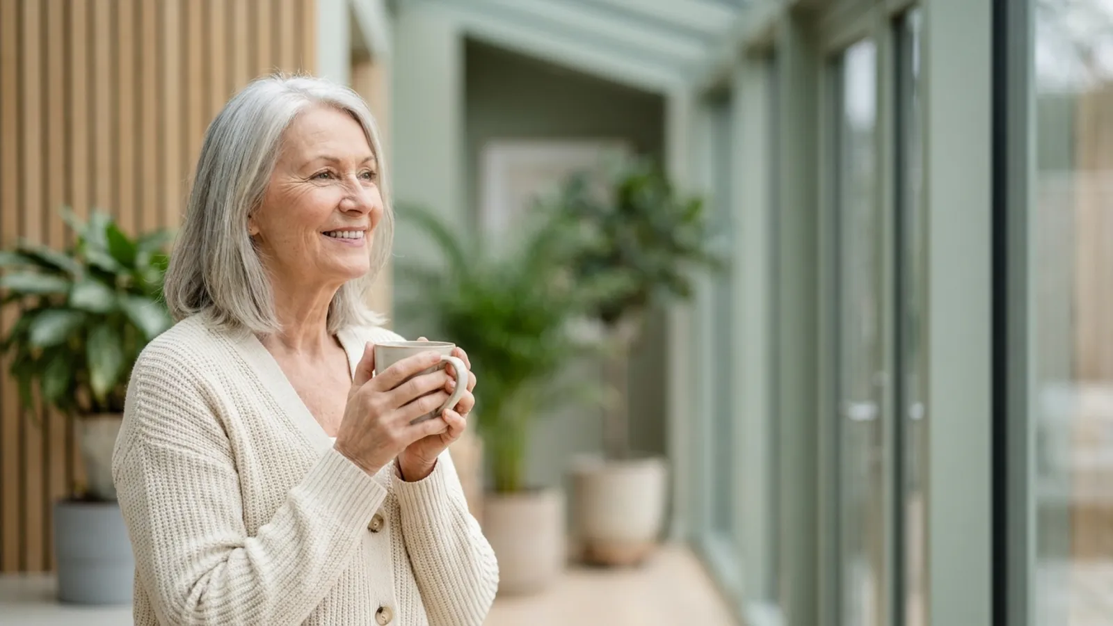 Eine vitale ältere Patientin sitzt entspannt und zuversichtlich im lichtdurchfluteten Wintergarten einer modernen Klinik.