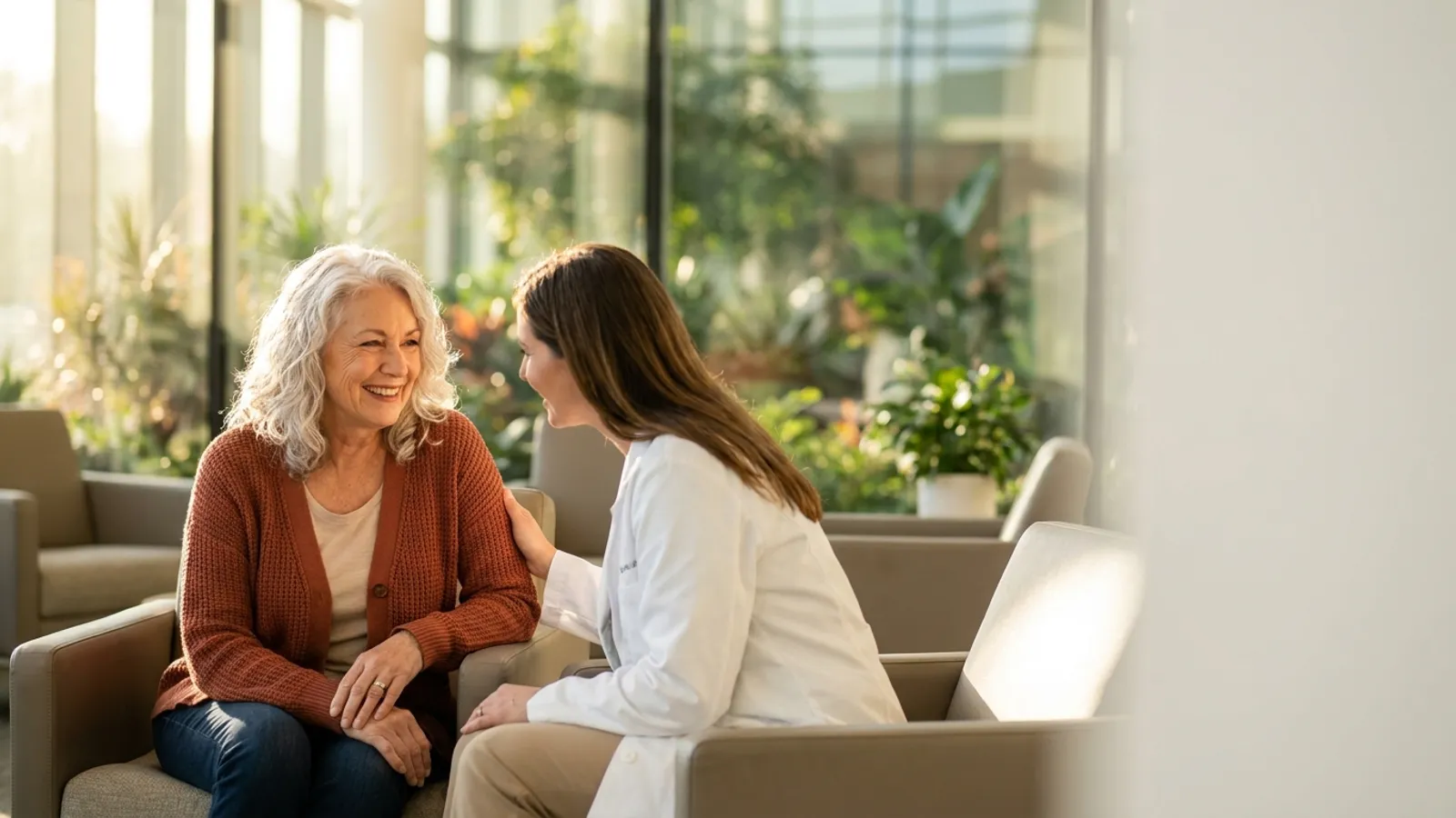 Eine zuversichtliche Patientin im entspannten Beratungsgespräch mit einer Ärztin in einer modernen, sonnendurchfluteten Klinik.