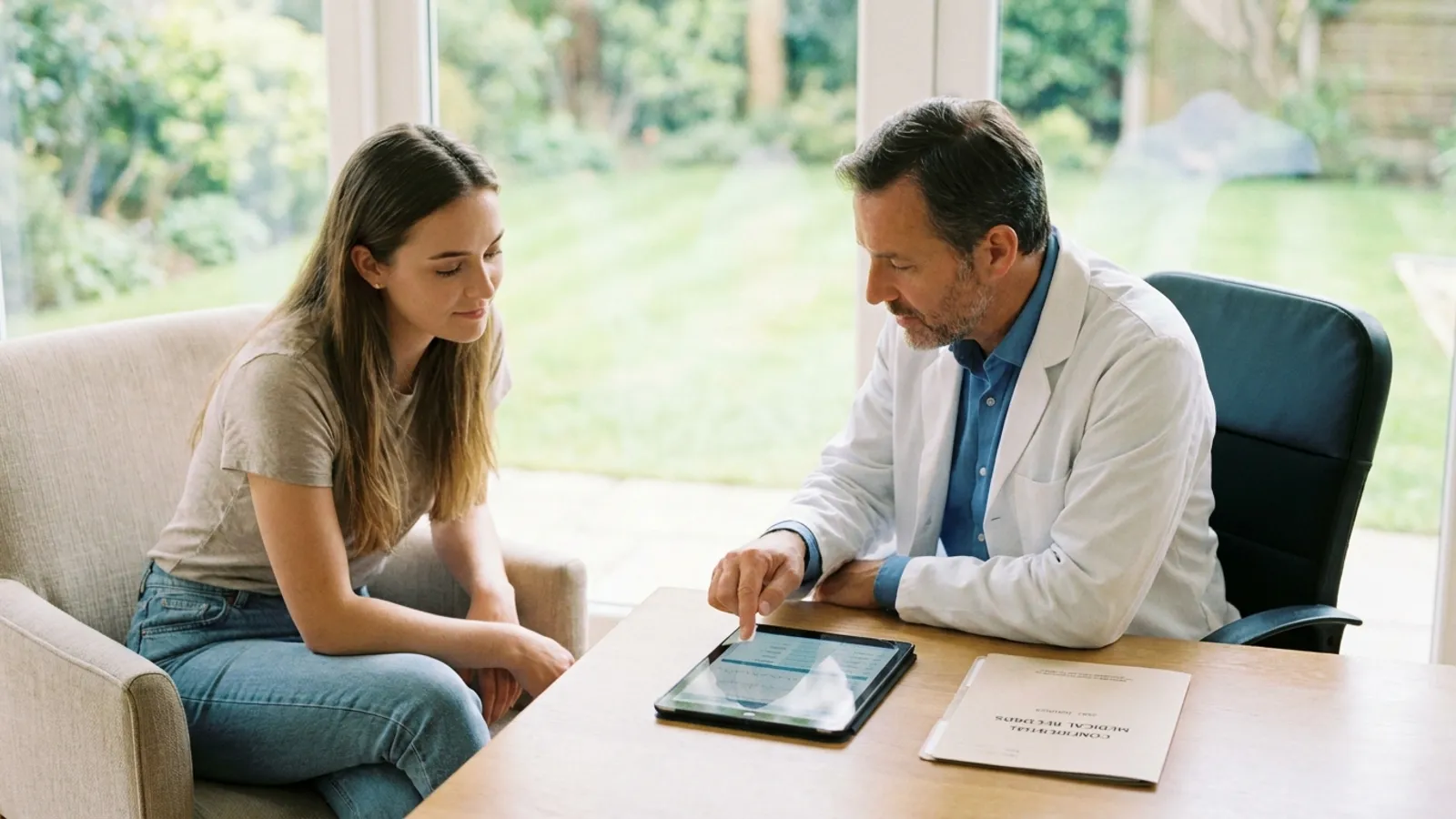 A compassionate doctor discussing confidential sexual health screening results with a patient in a modern medical consultation office.