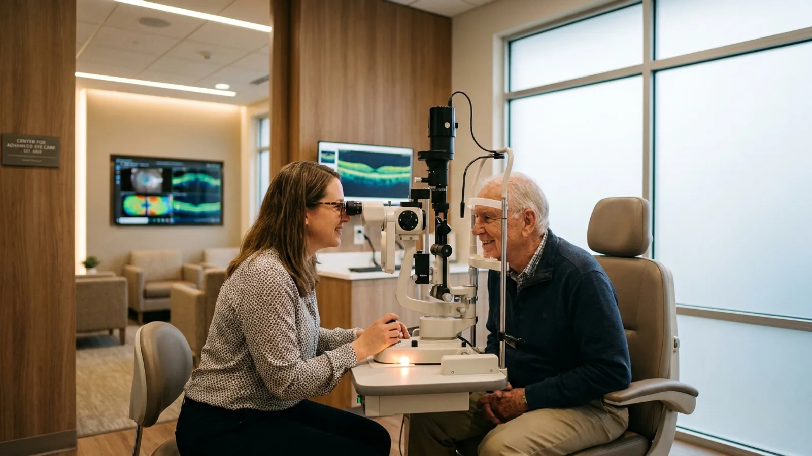 Ophthalmologist performing a gentle retinal examination with advanced slit lamp equipment for a patient in a modern eye clinic.