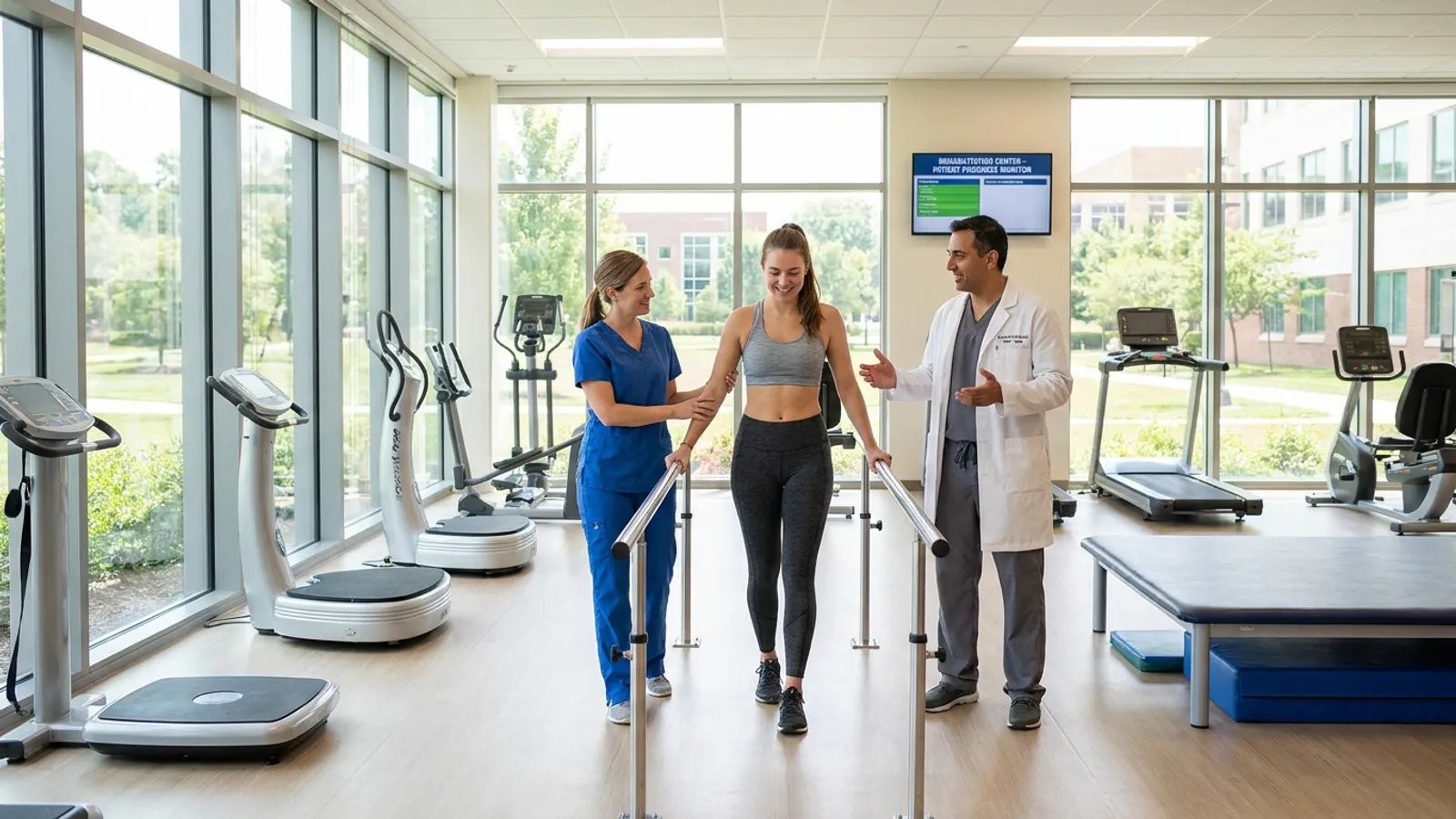 A patient practices walking with the support of a physiotherapist and orthopedic doctor in a bright, modern limb lengthening rehabilitation suite.