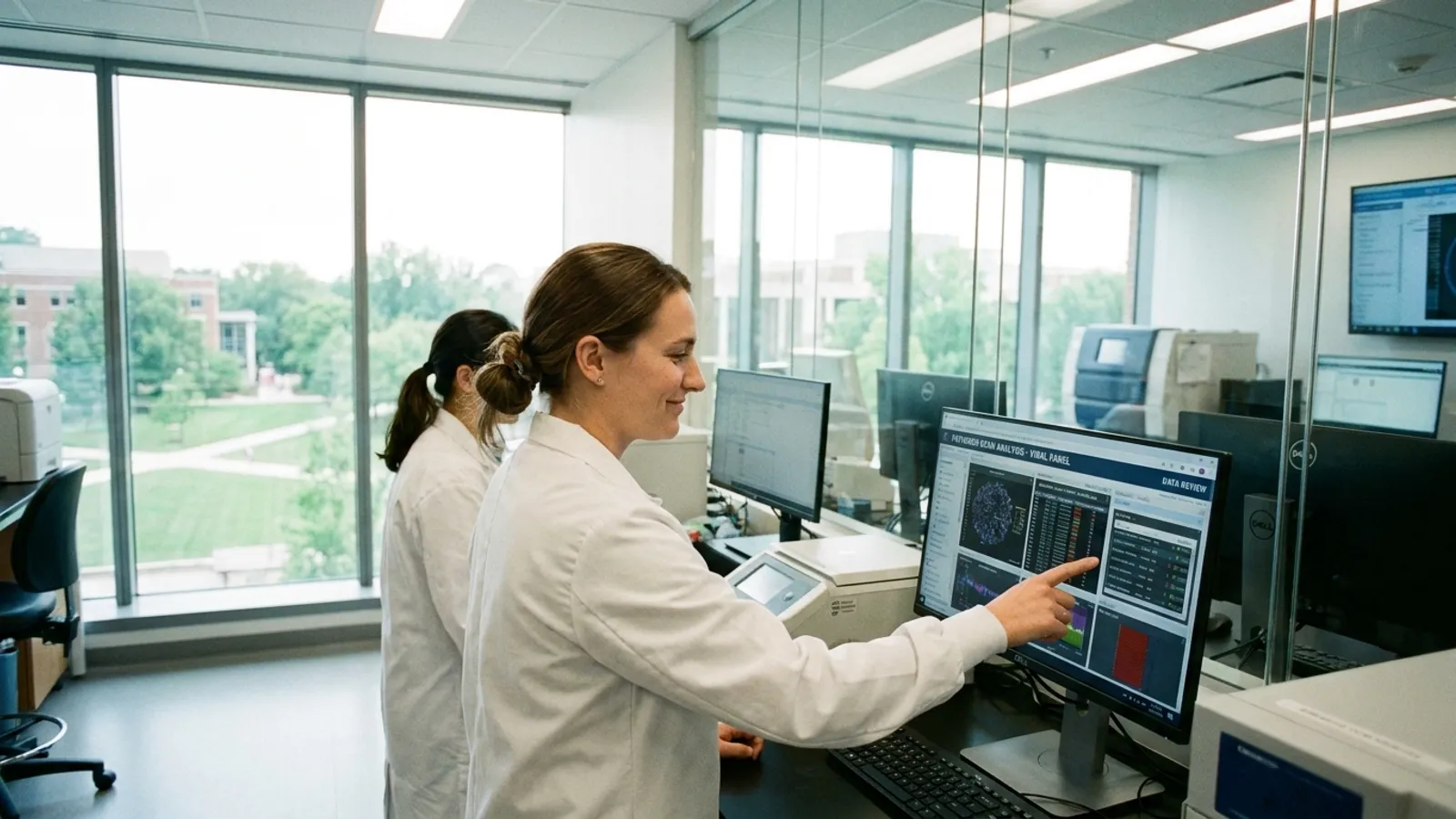 A clinical researcher smiling confidently beside advanced diagnostic screens in a modern, sunlit hospital laboratory.