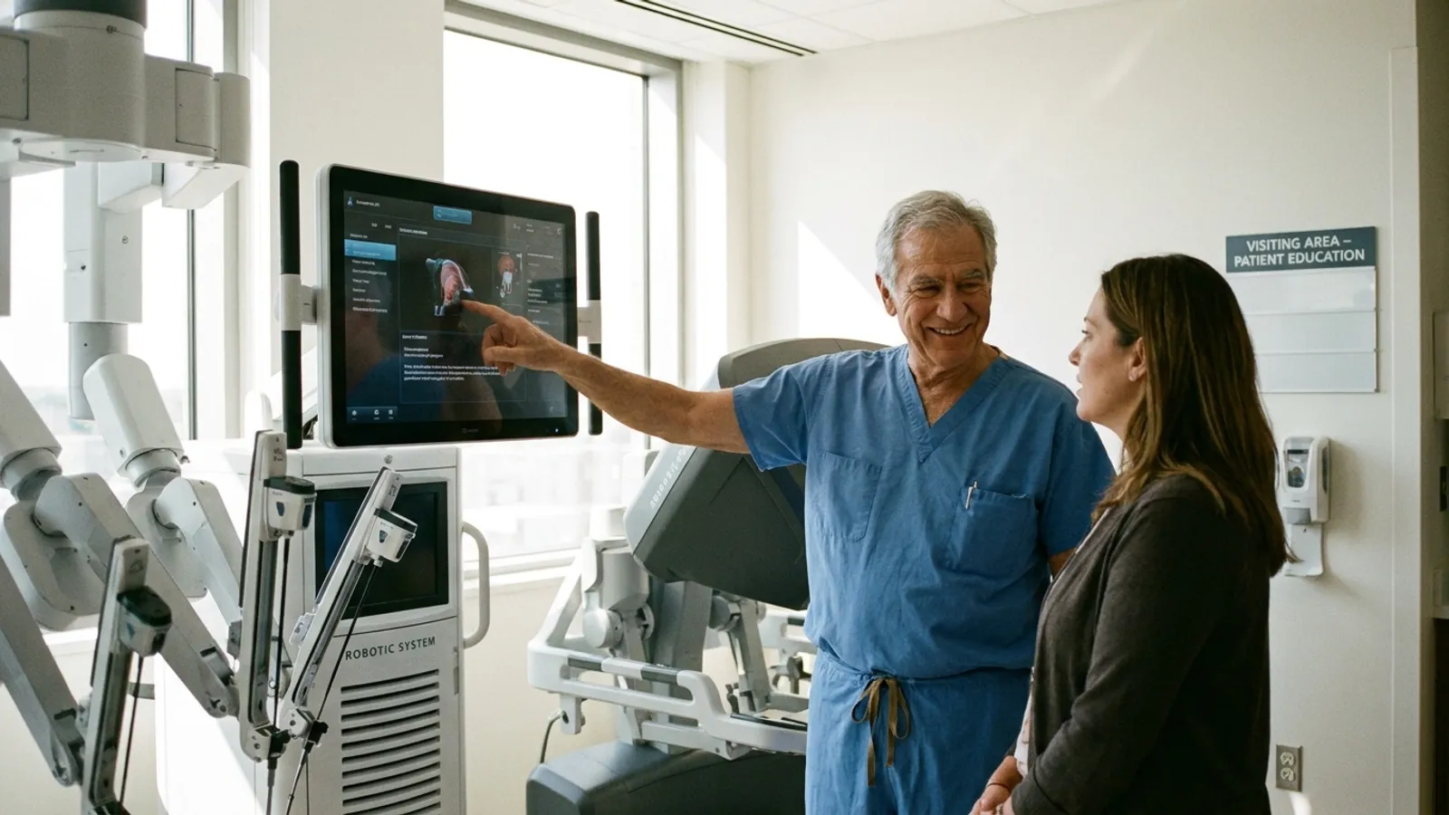A surgeon warmly explaining advanced robotic surgery options to a patient in a high-tech hospital suite.