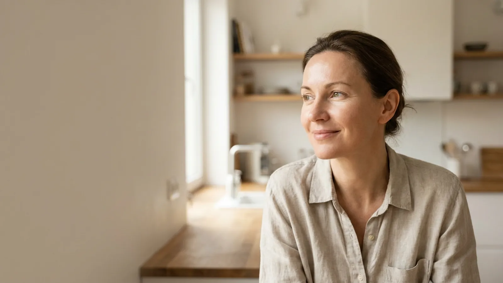 A healthy and confident middle-aged woman smiling warmly in a bright, modern room, symbolizing a positive new beginning and lifestyle change after bariatric surgery.