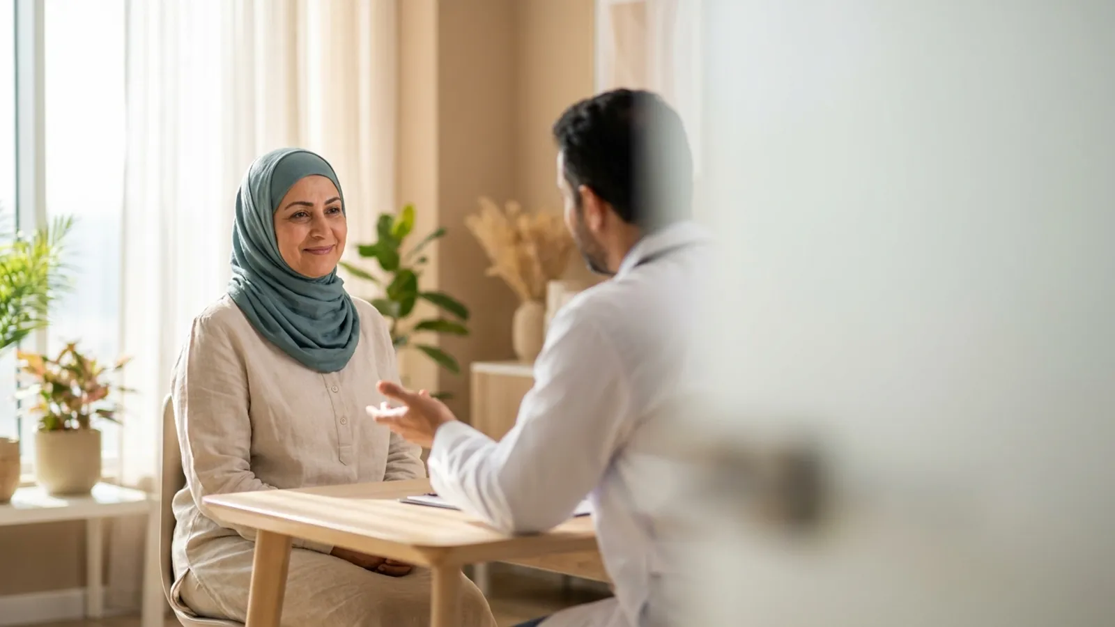 سيدة عربية مبتسمة ومرتاحة خلال استشارة طبية دافئة حول علاج الدماغ بتقنية جاما نايف في عيادة حديثة ومشرقة