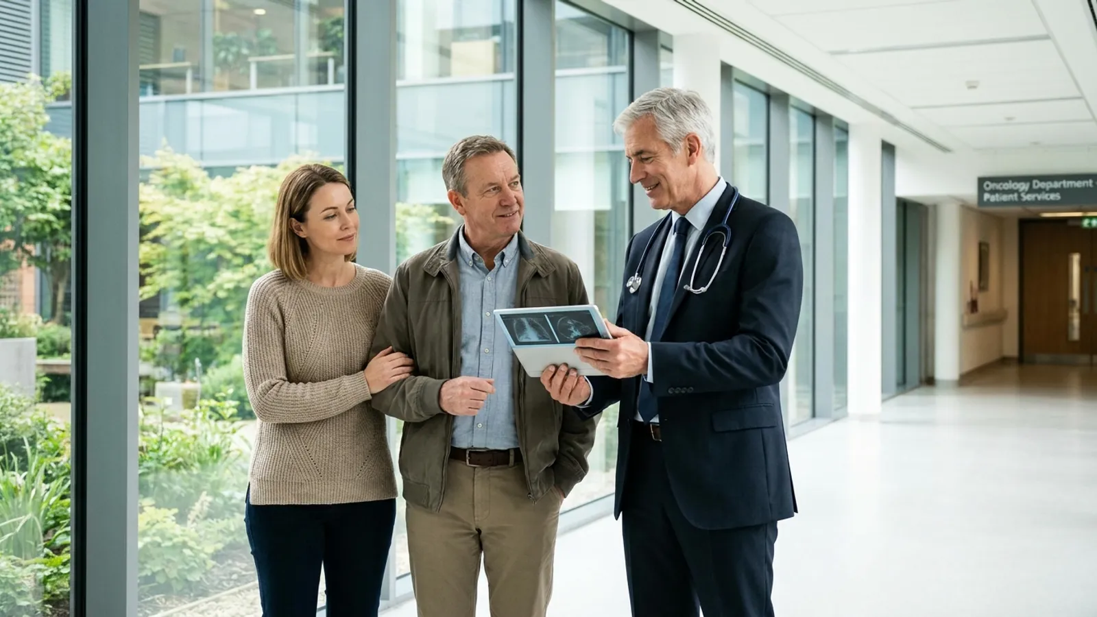 A specialized surgical oncologist walking and discussing pancreatic cancer treatment plans with a patient and his adult daughter in a luminous hospital corridor.