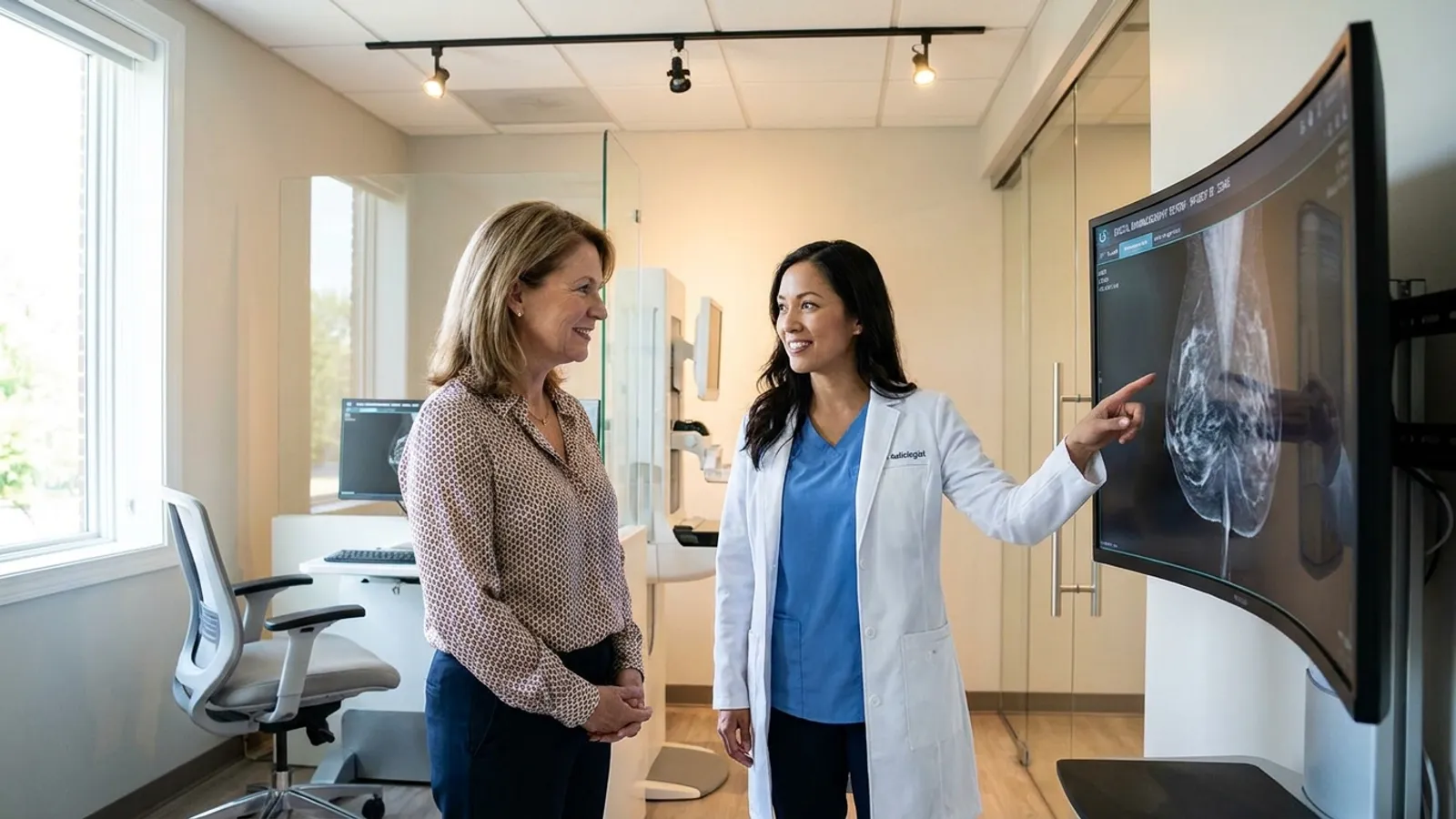 A radiologist discussing advanced breast imaging results with a confident woman in a modern diagnostic clinic.