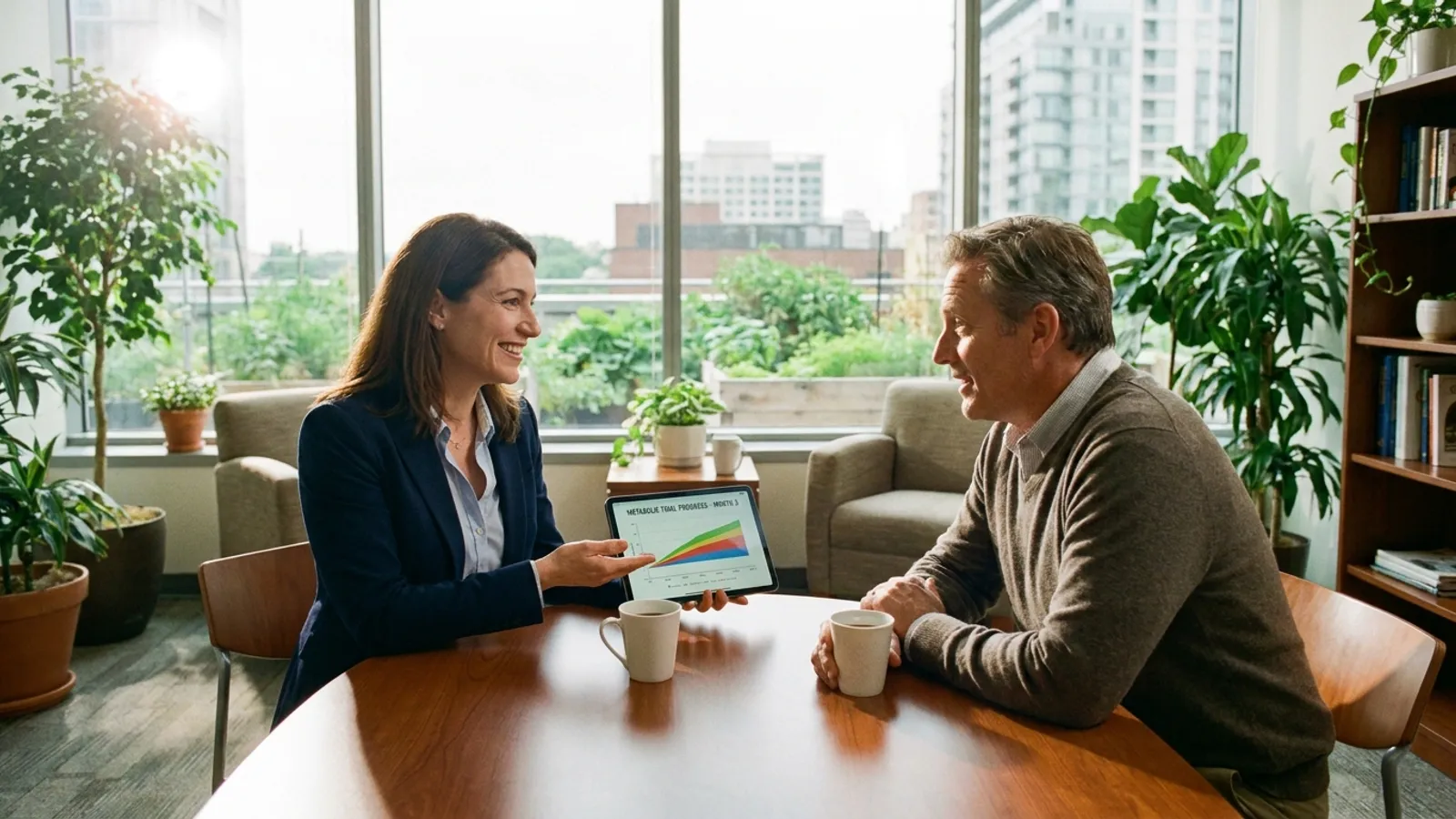 A friendly endocrinologist discussing metabolic health research with an attentive patient in a sunlit modern clinical consultation lounge.