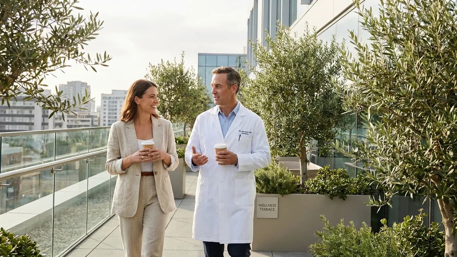 A smiling patient and bariatric specialist walking and discussing health goals on a sunlit hospital terrace.