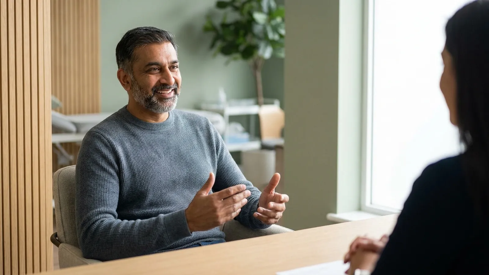 A relaxed patient in discussion during a private cardiovascular consultation in a bright, modern clinic.