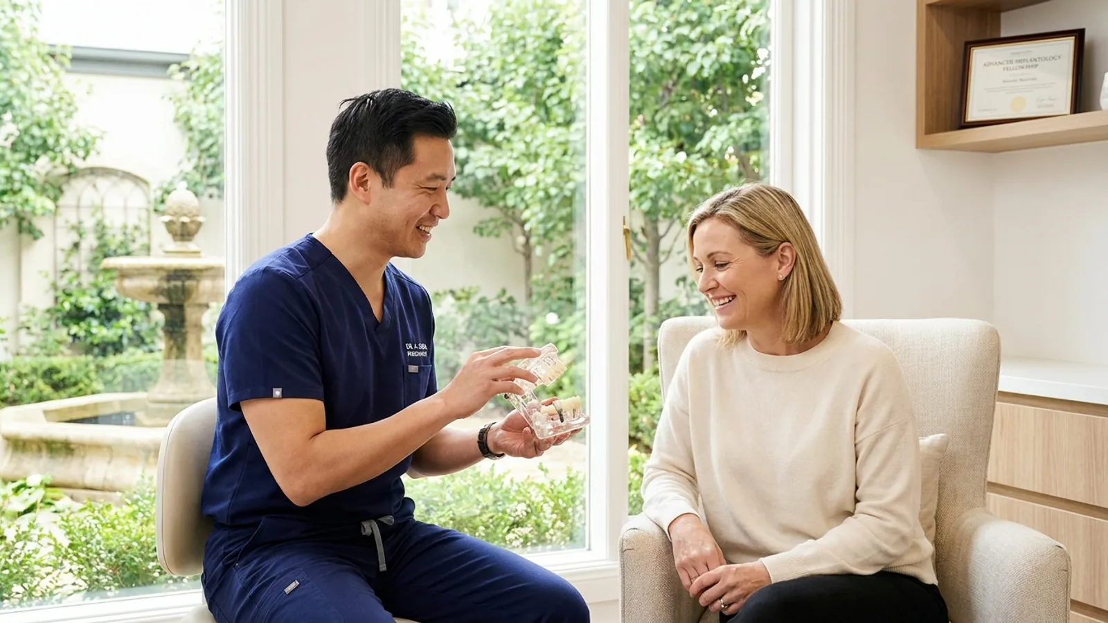 A friendly dental specialist explaining a dental implant model to an attentive patient in a modern, sunlit clinic.