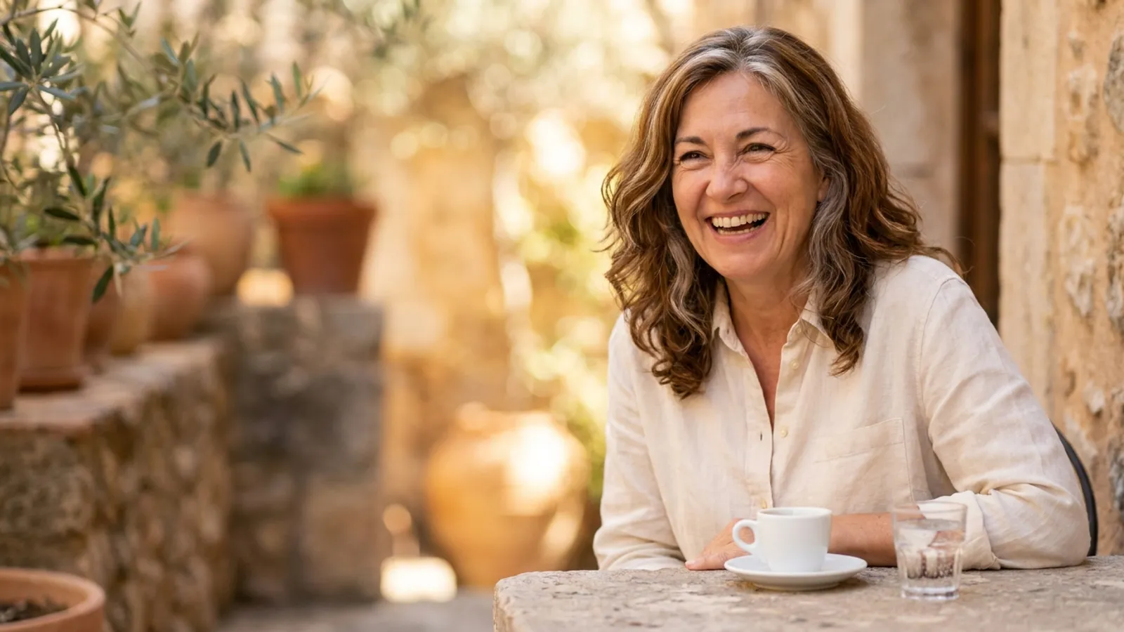 Mujer madura sonriendo con confianza y naturalidad en una terraza soleada tras una rehabilitación con implantes dentales.