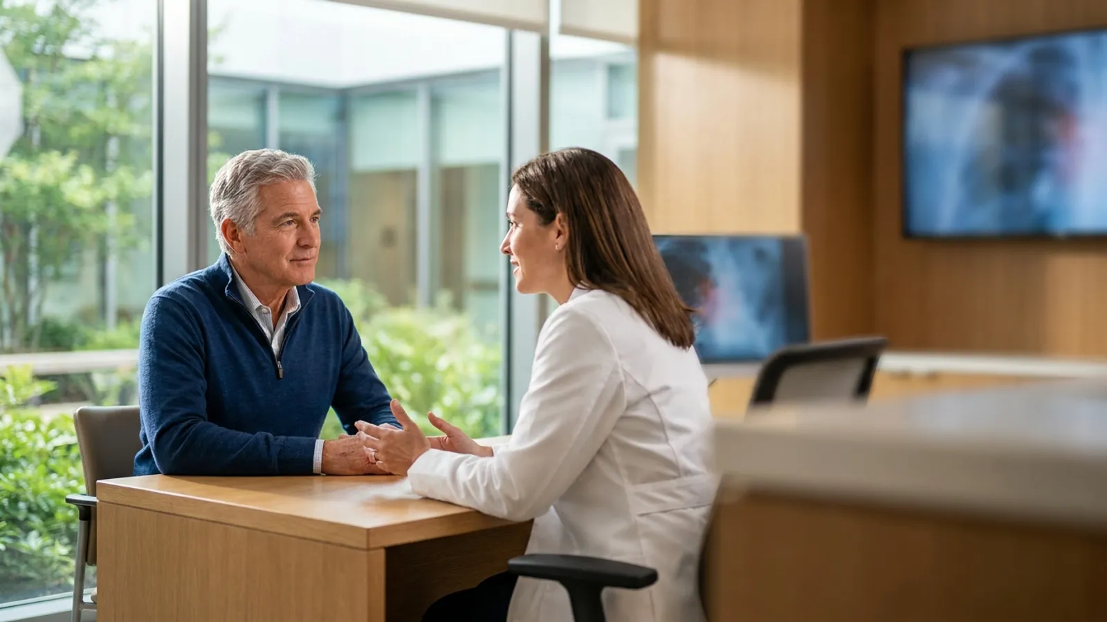 A mature patient in a navy sweater in a clear, collaborative treatment planning discussion with a female radiation oncologist in a sunlit modern clinic.