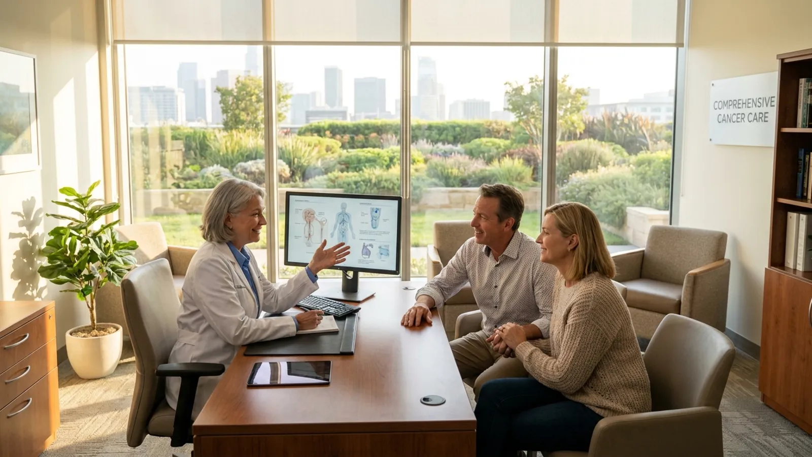A reassuring oncologist discusses an advanced treatment plan with a patient and his partner in a bright, modern consultation room.
