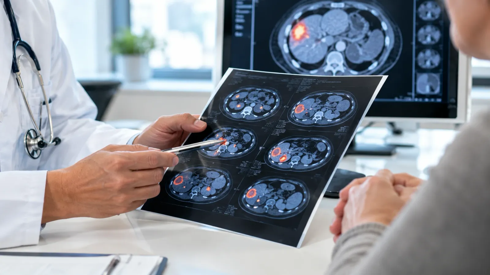 Doctor pointing at PET-CT scans of the abdomen with highlighted lesions while talking with a patient