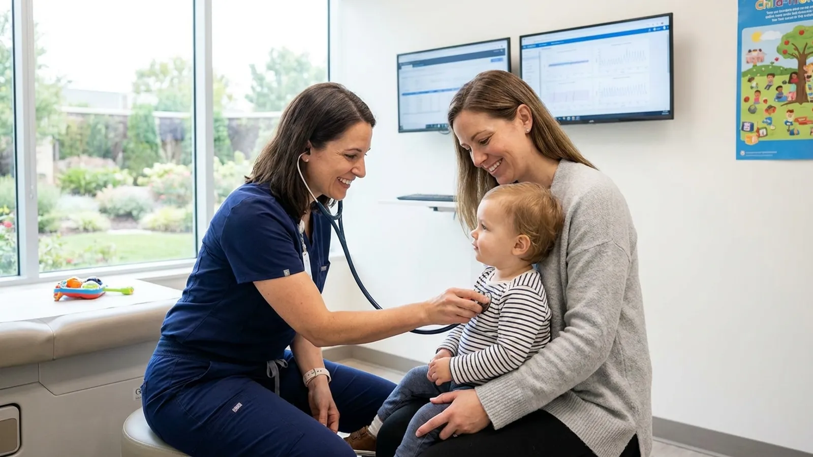 Médico especialista realizando una revisión cardíaca preventiva a un niño en una consulta médica moderna y luminosa.