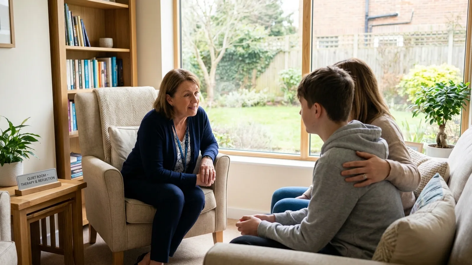 A compassionate psychiatrist speaking with a teenage patient and supportive mother in a bright, modern hospital therapy lounge.